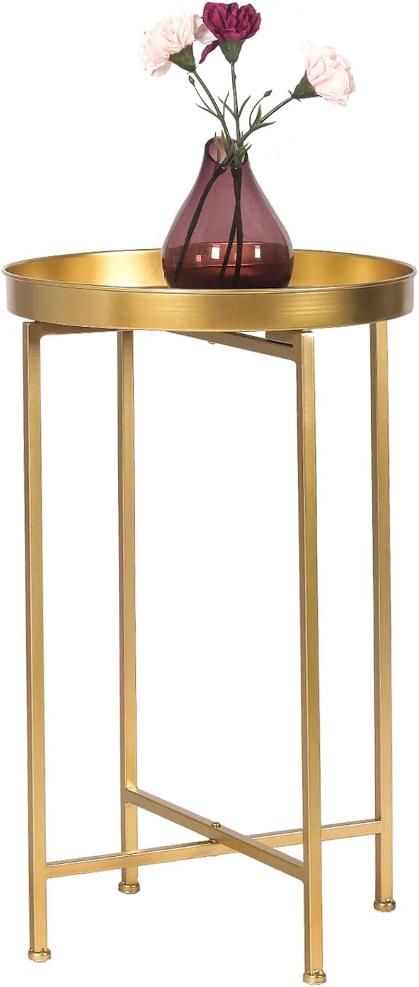 Adeco Round Metal Folding Side Small Bedside Nightstand with Removable Top for Living Room Bedroom Office End Table, Gold, Gold Tray