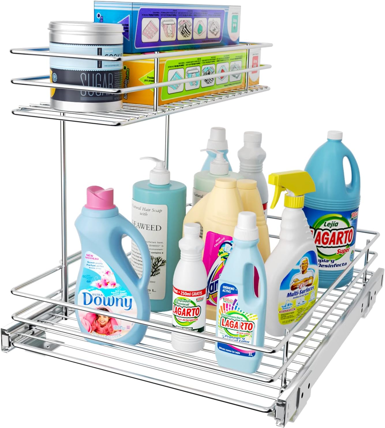 G-TING Pull Out Cabinet Organizer, Under Sink Slide Out Storage Shelf with 2 Tier Sliding Wire Drawer - 12.6W x 16.53D x 12.99H