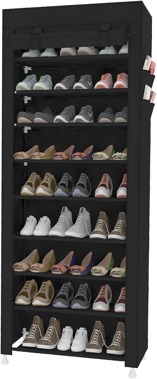 ACCSTORE Tall Shoe Rack 9-Tier Shoe Shelf Hode up to 27 Pairs Shoes with No-Woven Fabric Cover,Black
