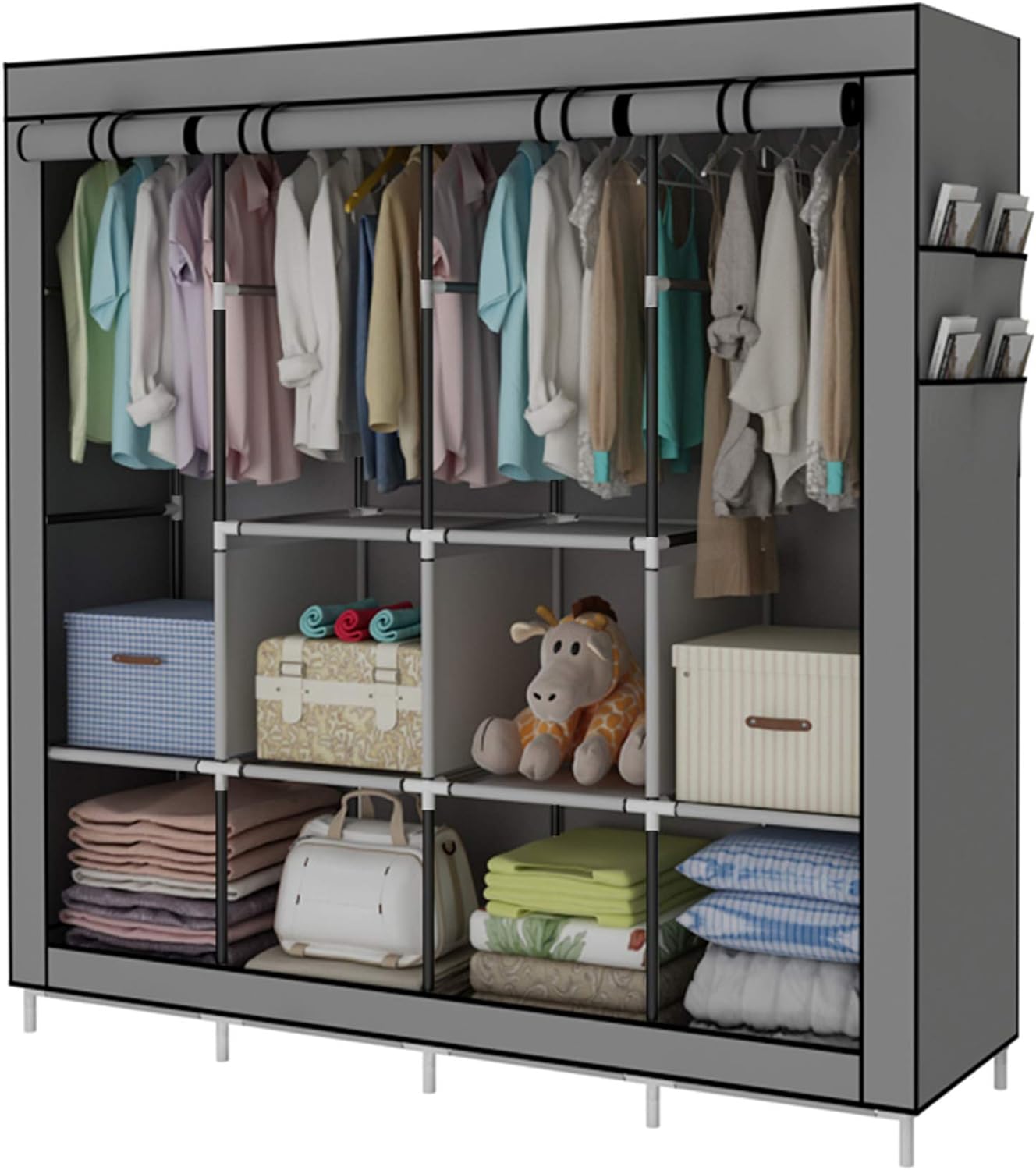 ACCSTORE Portable Wardrobe Clothing Wardrobe Shelves Clothes Storage Organiser with 4 Hanging Rail,Grey