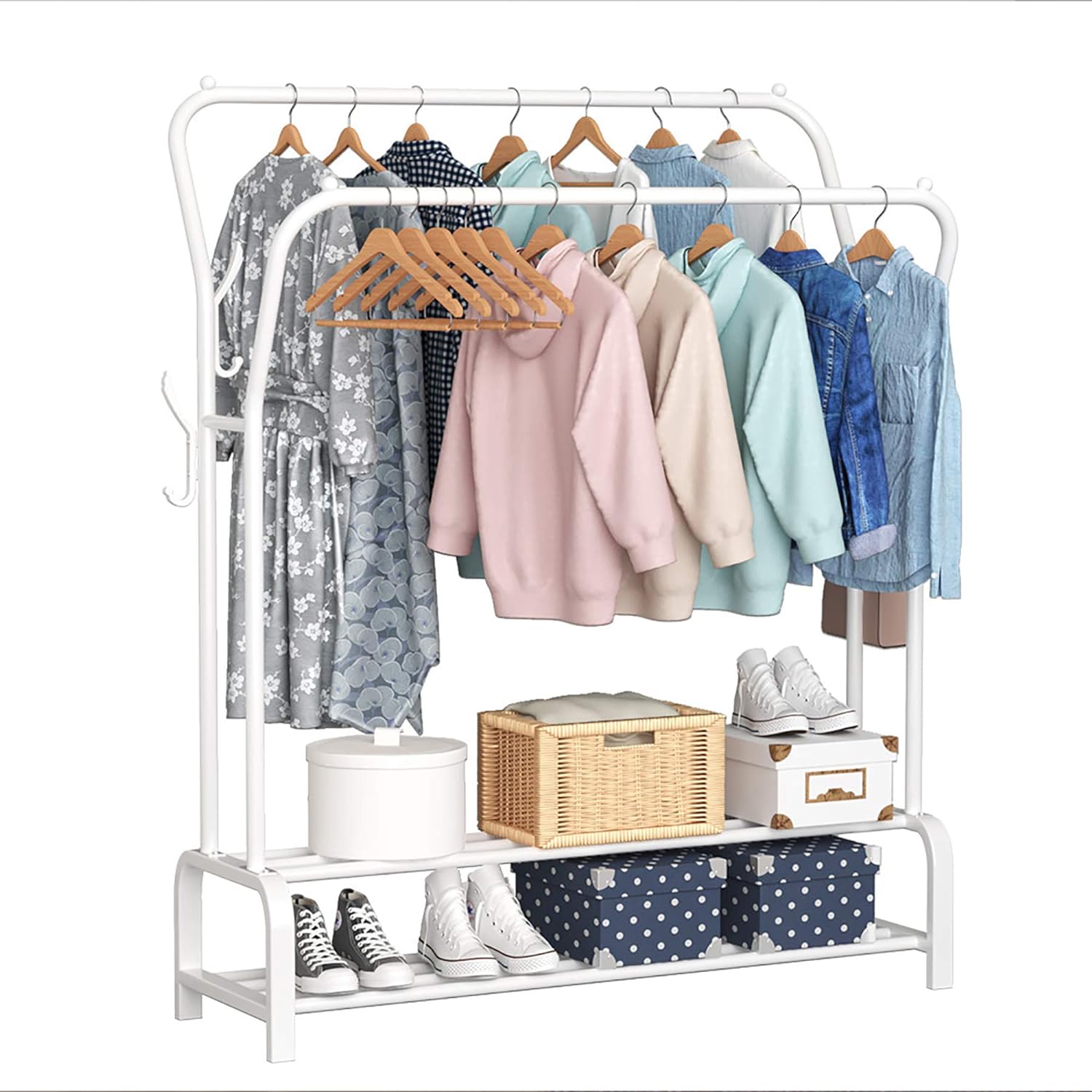 ACCSTORE Freestanding Hanging Metal Clothes Rack with Double Pole Double Layer Storage Shelf, White