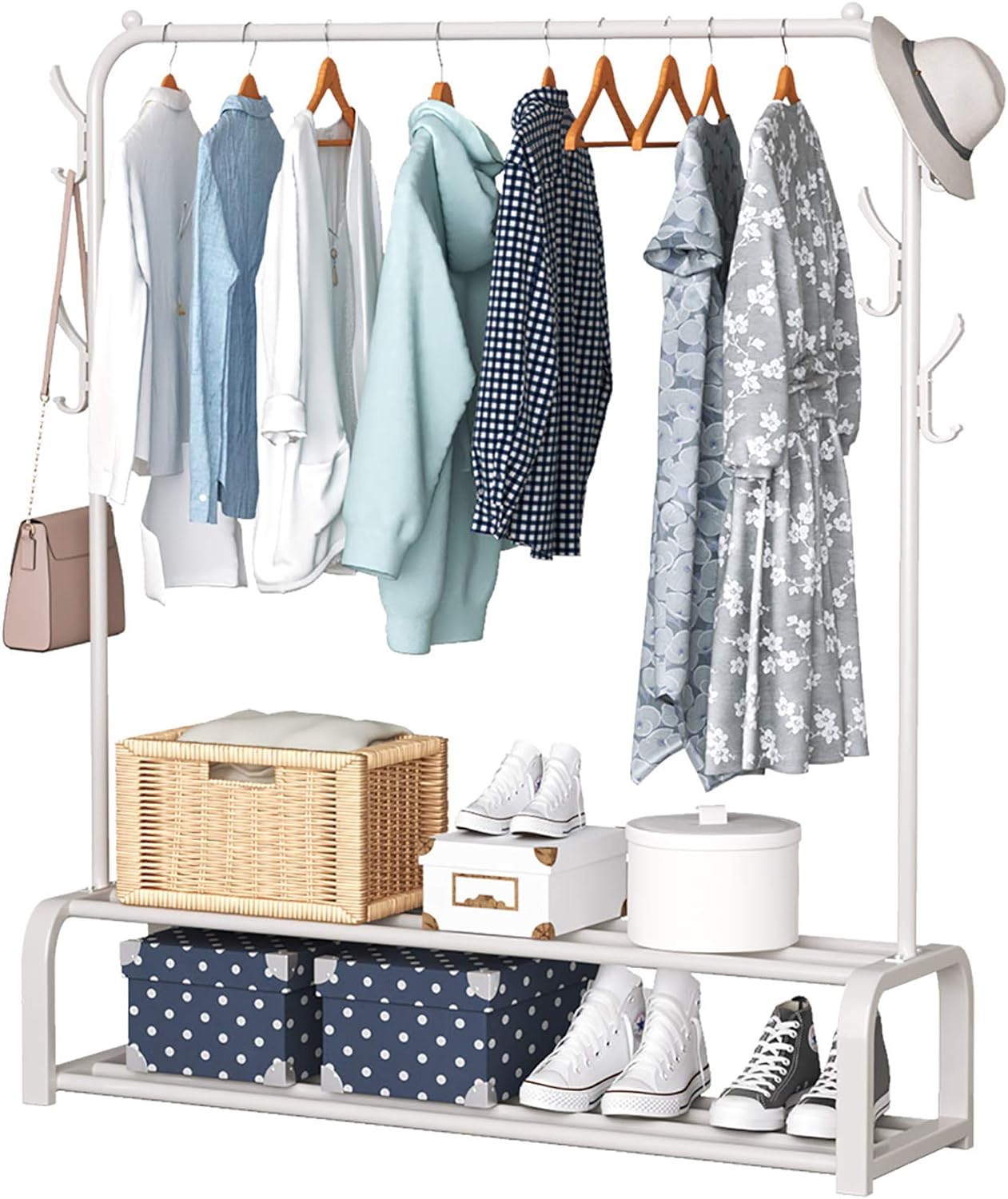 ACCSTORE Freestanding Metal Clothes Rack with Double Layer Storage Shelf and Side Hooks, White