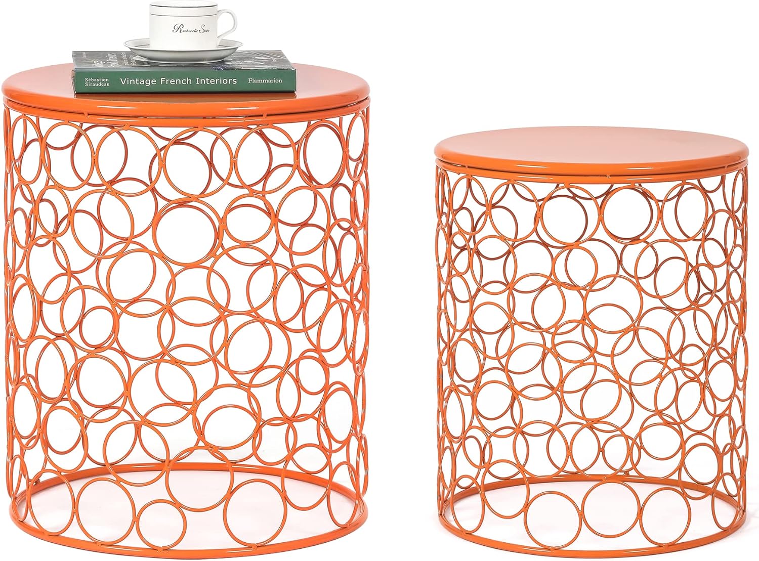 Adeco Home Garden Bubble Pattern Metal Stool, Decorative Accent Display Plant Stand, Side Table, End Table - Bohemian Chic Openwork Lattice Design, Set of 2