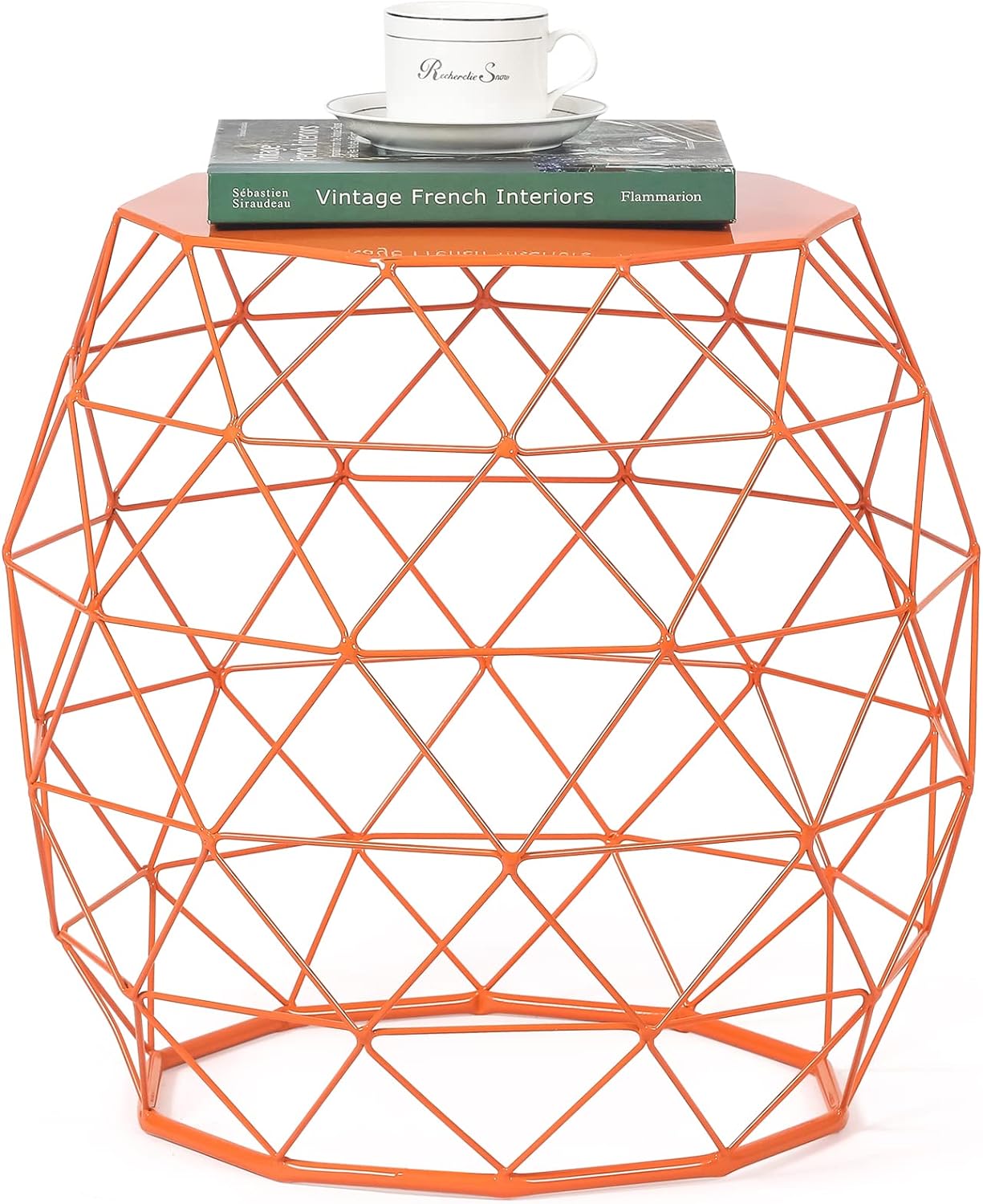 Adeco 18-inch Home Garden Wire Round Metal Stool, Decorative Accent Display Plant Stand, Side Table, End Table - Bohemian Chic Openwork Lattice Design, Orange