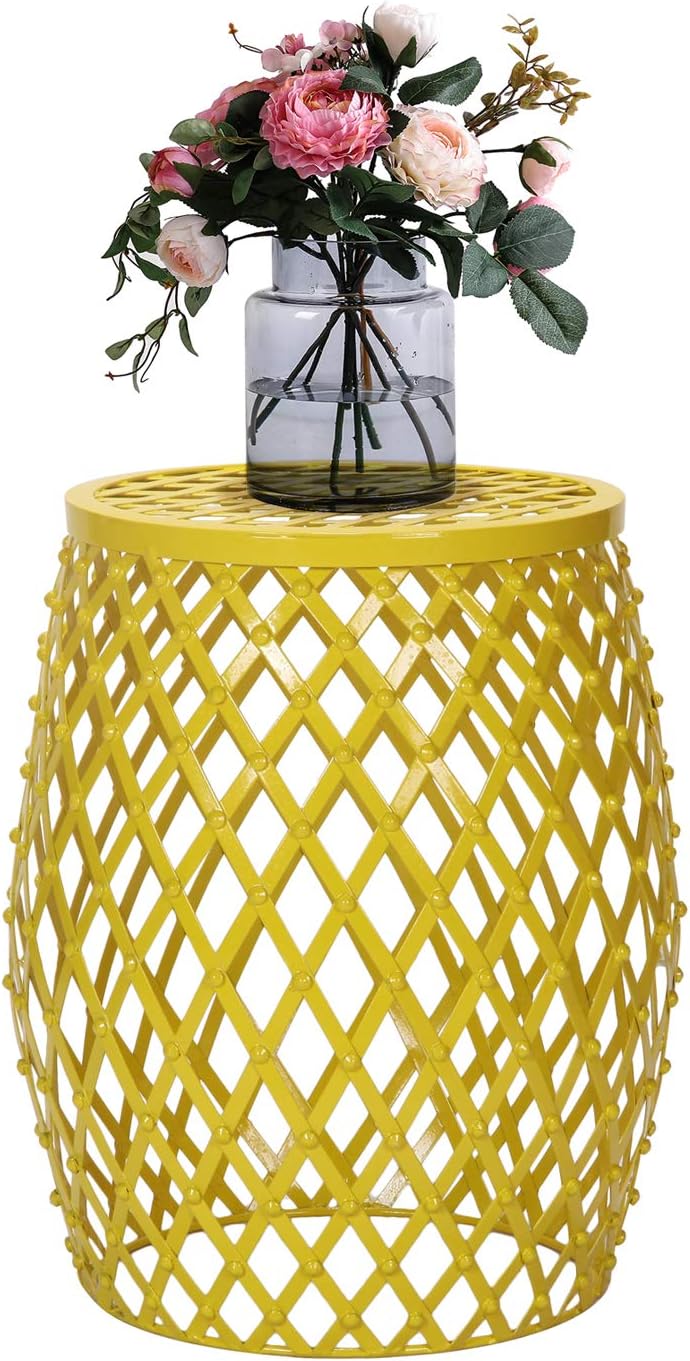 Adeco Hatched Diamond Pattern, for Indoor Outdoor Home Garden Accent Round Iron Metal Stool Side End Table Plant Stand Chair, Yellow