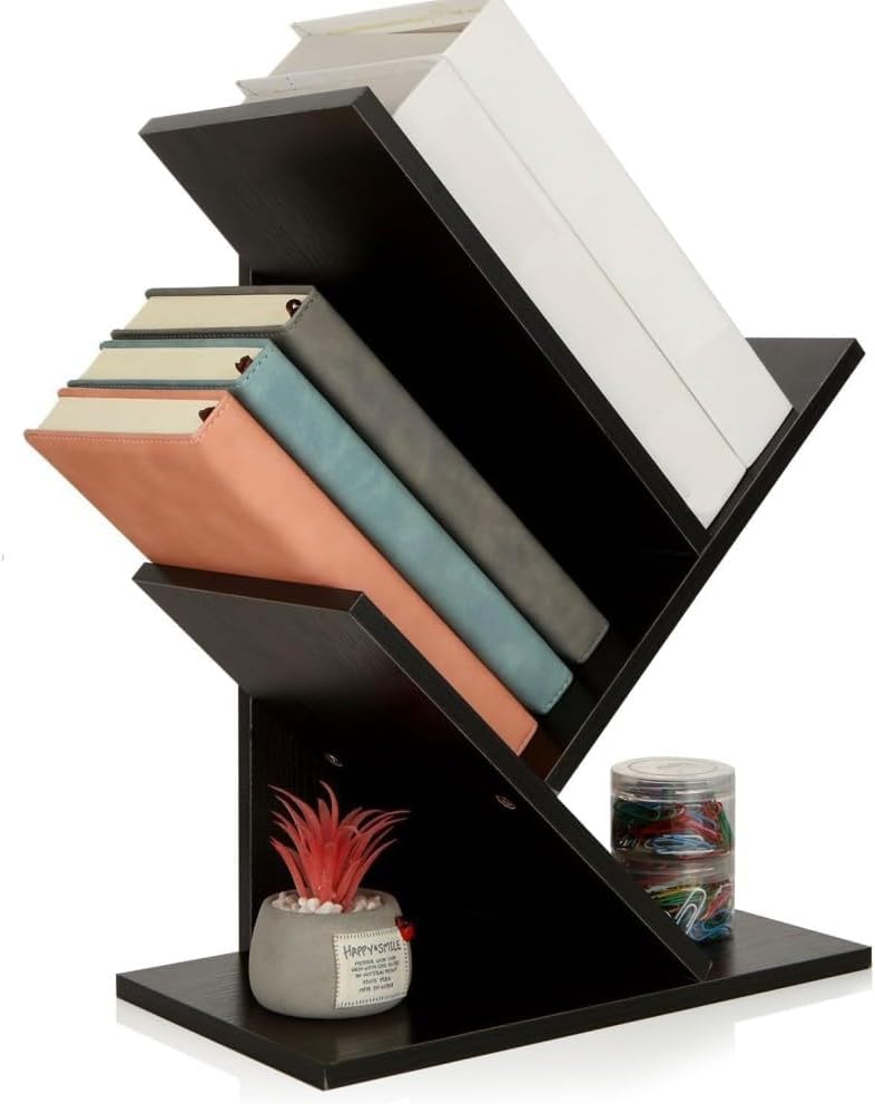 Nidouillet Small Tree Bookshelf 2-Layer Floor Standing Bookshelf Bookshelf for Books, Magazines, Photo Albums Organizer Brown