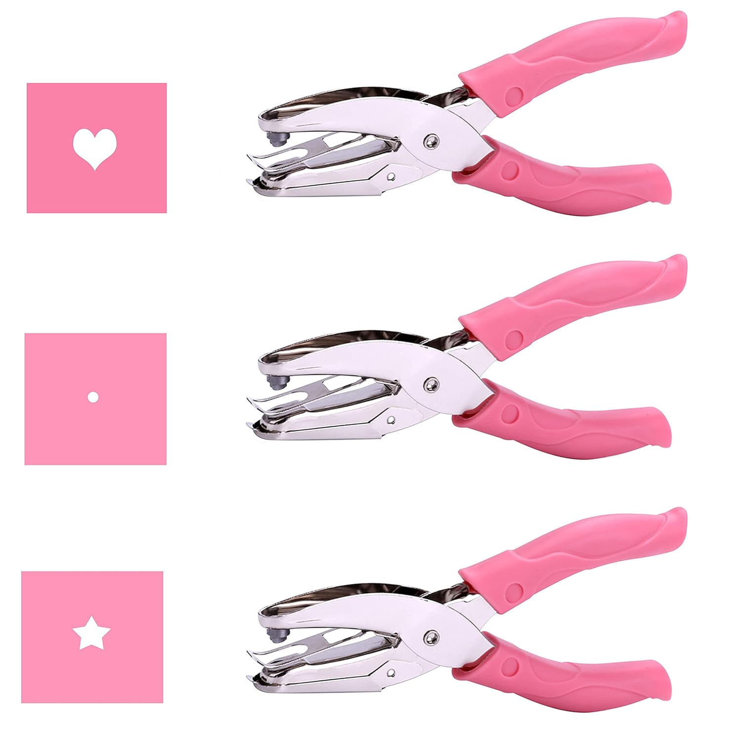 1 Pack 6.3 Inch Length 1/16 Inch Diameter of Circle Hole Handheld Single Paper Hole Punch, Puncher with Pink Soft Thick Leather Cover (Heart Star and S Circle)