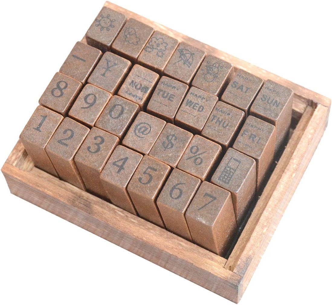 Pack of 28 Pcs Small Wooden Rubber Stamps 0.24 Inch of Number Week Weather for DIY Craft Card and Photo Album (28pcs Number Week Weather)