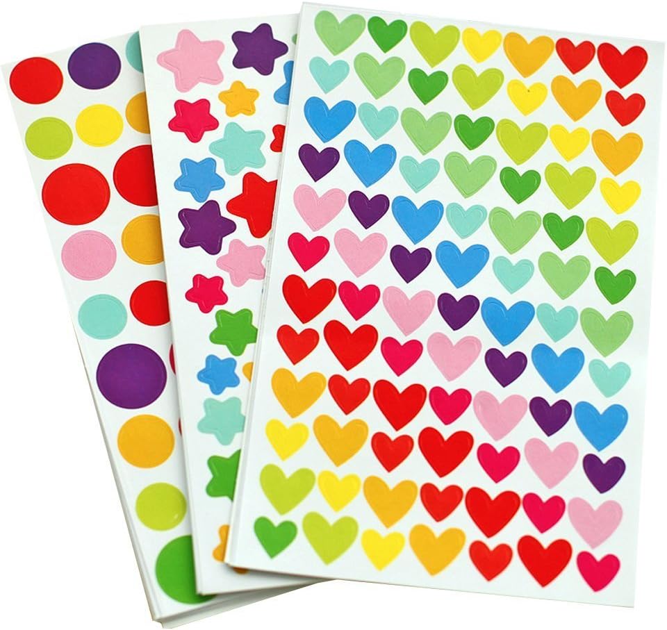 Yansanido 18 Sheets 1512 Pcs Colorful Dot Heart and Star Shape Self Adhesive Stickers, for Scrapbooking and Kid DIY Arts Crafts (Mixed dots,Hearts,Stars, 18 Sheets)