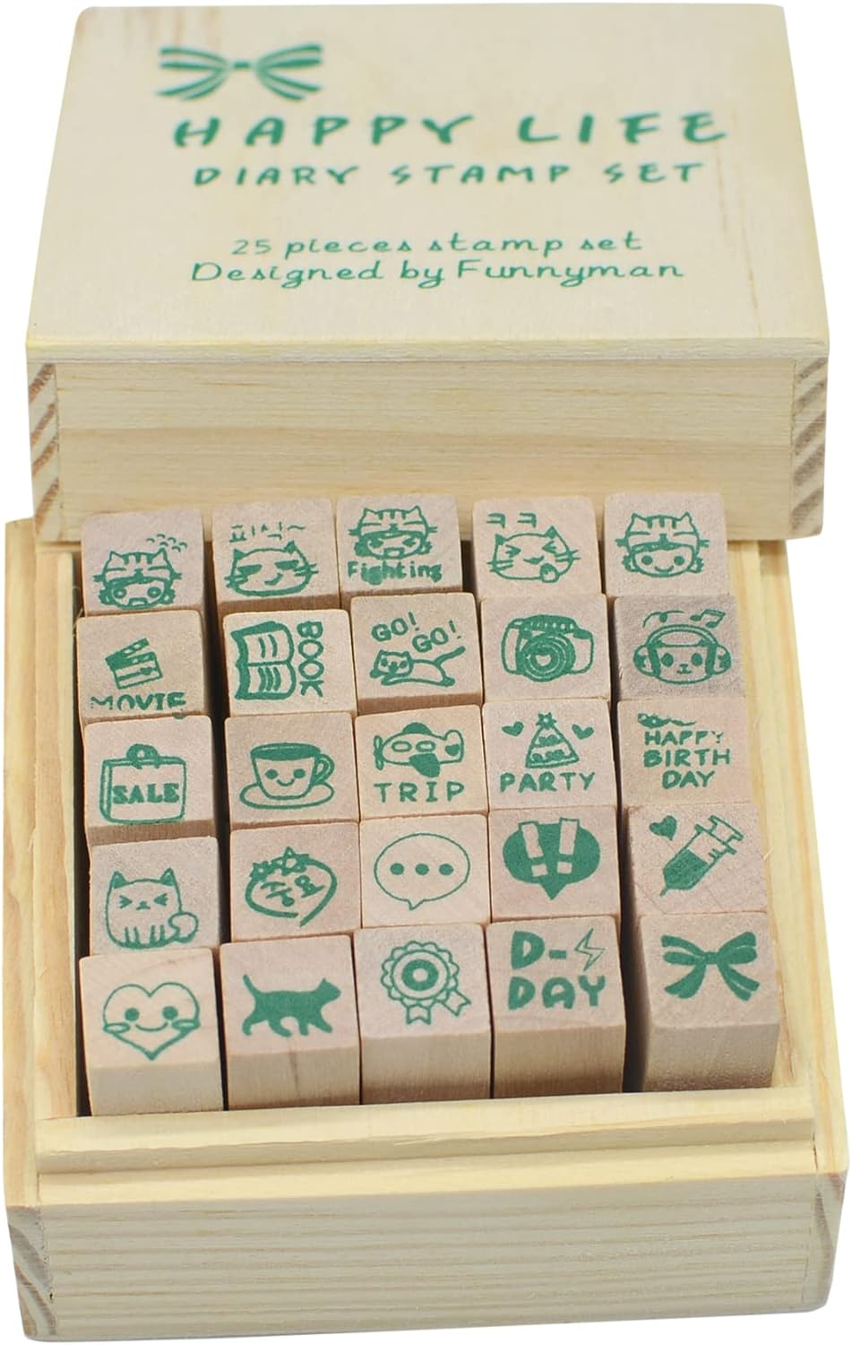 Pack of 25 Pcs Small Green Happy Life Shape Wooden Rubber Stamps with Box for DIY Craft Card and Photo Album (Green)