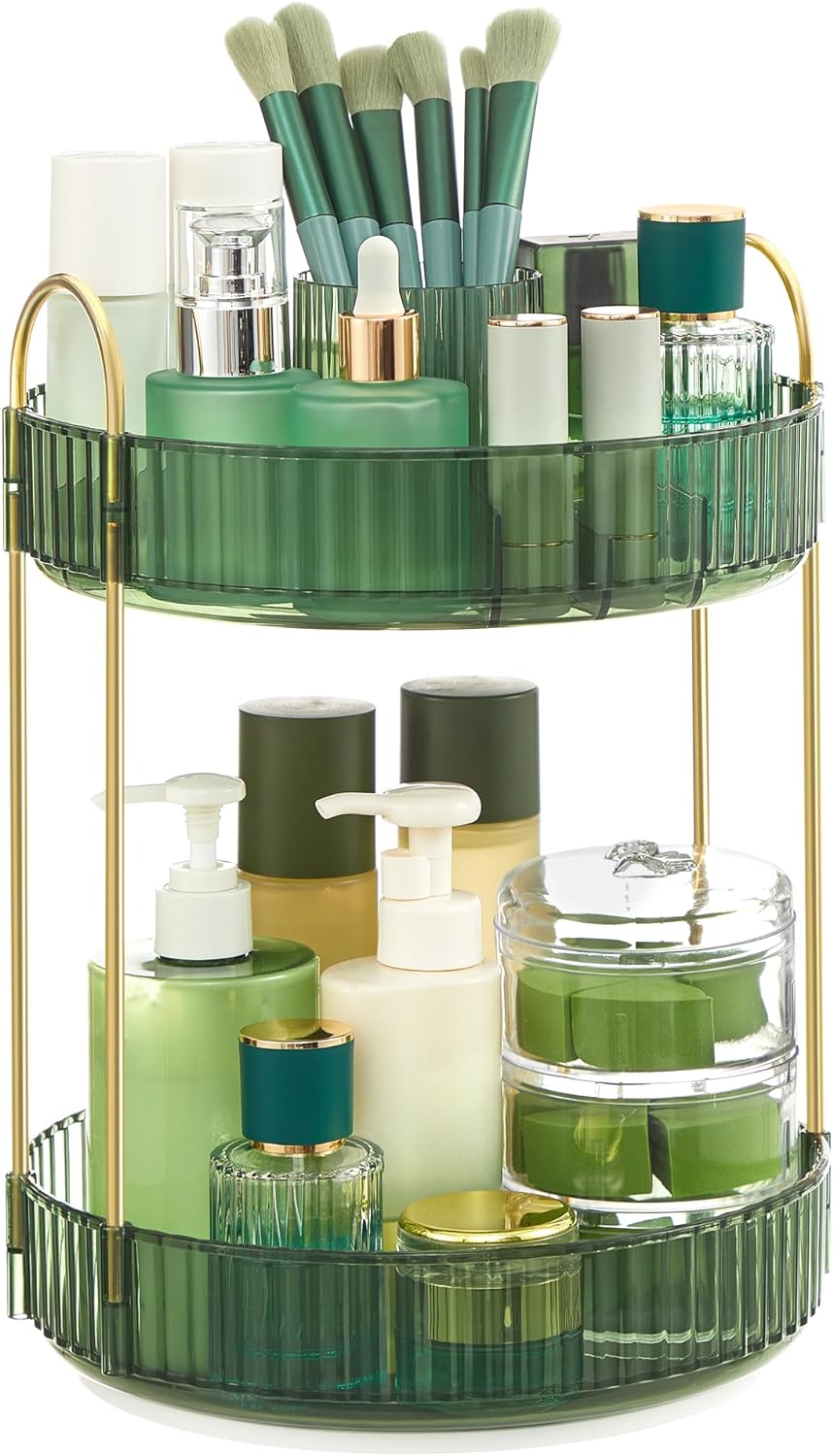 SONGMICS Makeup Organizer, 2-Tier Round Rotating Skincare Organizer Countertop, Customizable, Toiletries Vanity Organizer, Lazy Susan, Gift, Pale Green UJKA012C01