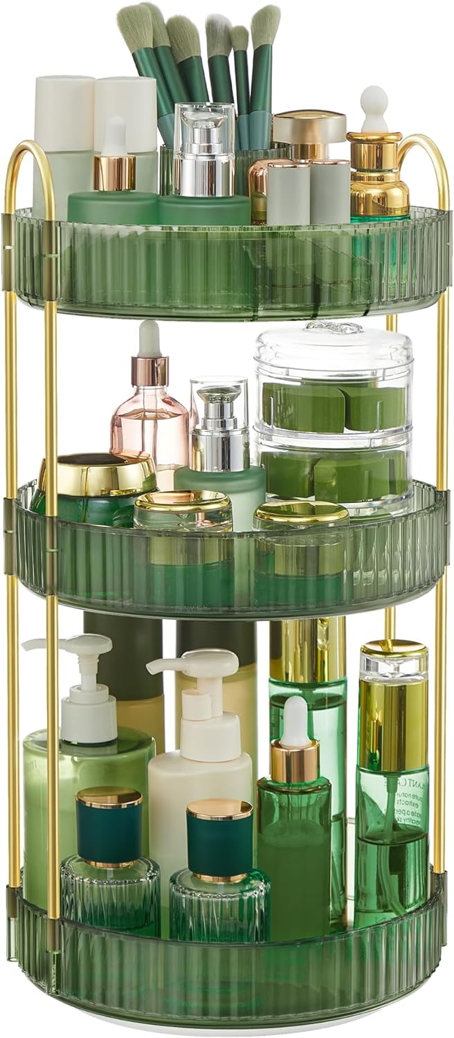 SONGMICS Makeup Organizer, 3-Tier Round Rotating Skincare Organizer Countertop, Customizable, Toiletries Vanity Organizer, Lazy Susan, Gift, Pale Green UJKA011C01