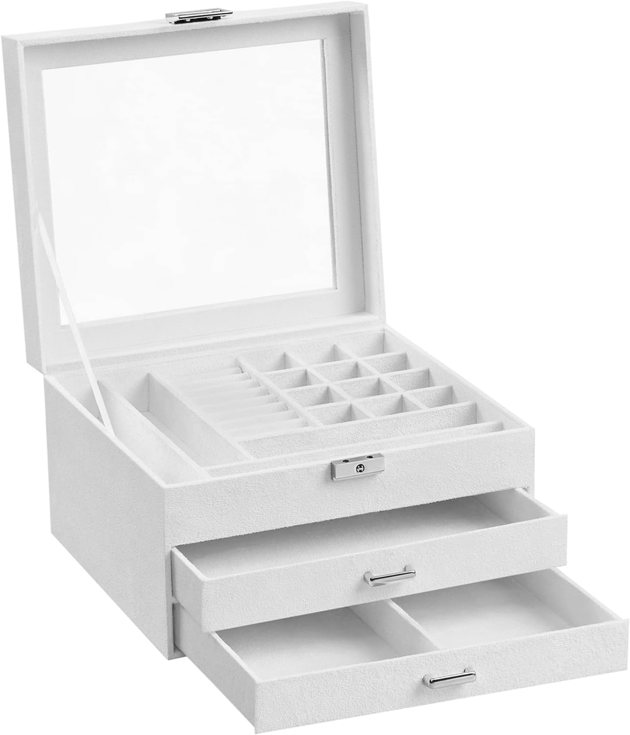 SONGMICS Jewelry Box, Lockable Jewelry Storage Organizer, Jewelry Case with Glass Window, for Rings, Earrings, Studs, Bracelets, Necklaces, White UJBC158W01, 8.1 x 9.1 x 5.5