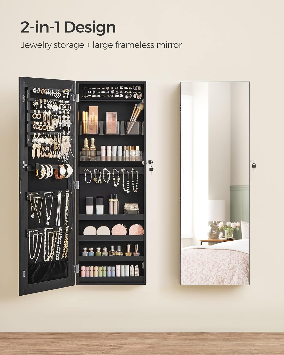 SONGMICS Mirror Jewelry Cabinet Armoire, Wall or Door Mounted Jewelry Storage, Hanging Lockable Frameless with 2 Plastic Cosmetic Organizers, Gift Idea, Black UJJC001B01