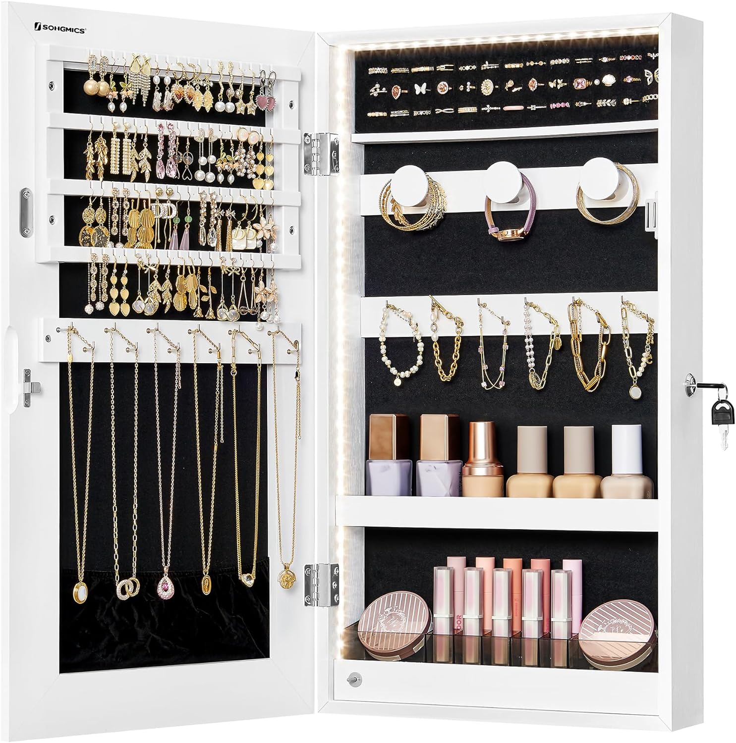 SONGMICS Mirror Jewelry Cabinet Armoire with Built-in LED Lights, Wall or Door Mounted Jewelry Storage Organizer, 3.8 x 14.6 x 26.4 Inches Hanging Mirror Cabinet, Gift Idea, White UJJC050W01