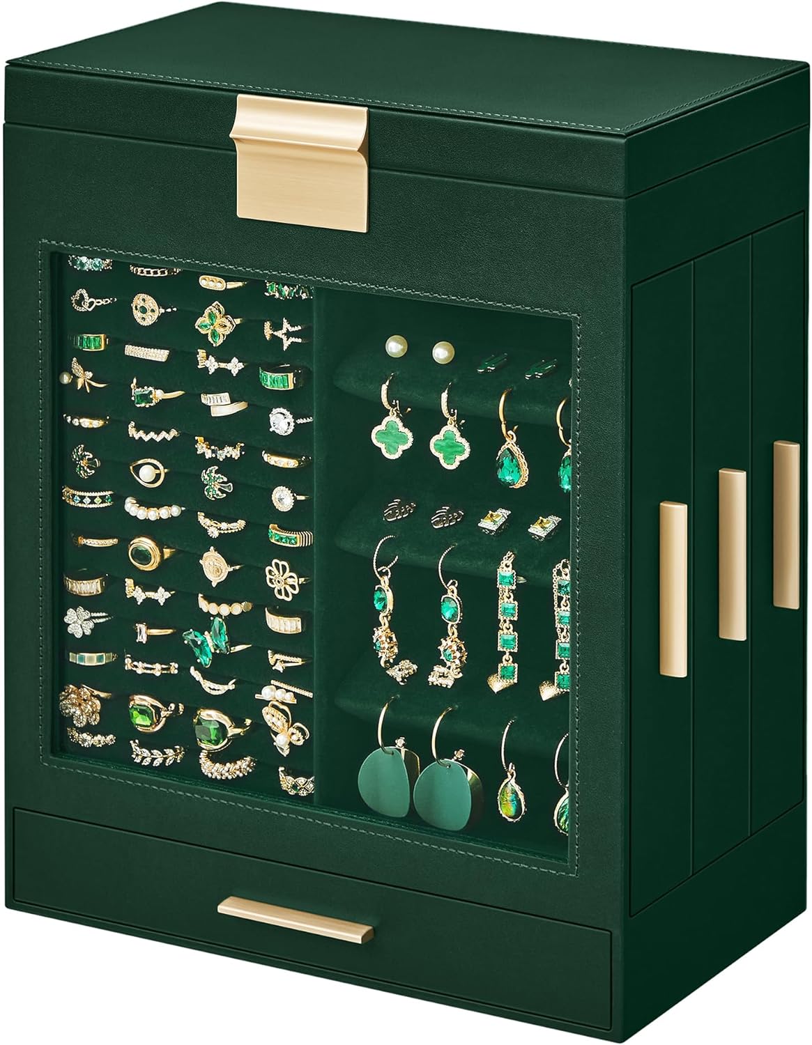 SONGMICS Jewelry Box with Glass Window, 5-Layer Jewelry Organizer with 3 Side Drawers, Jewelry Storage, with Big Mirror, Modern, 6.1 x 10.3 x 12.6 Inches, Forest Green and Metallic Gold UJBC162C01