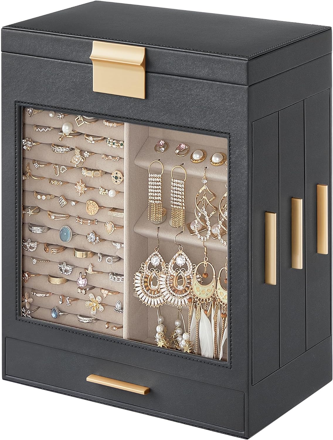 SONGMICS Jewelry Box with Glass Window, 5-Layer Jewelry Organizer with 3 Side Drawers, Jewelry Storage, with Big Mirror, Modern, 6.1 x 10.3 x 12.6 Inches, Slate Gray and Metallic Gold UJBC162G01