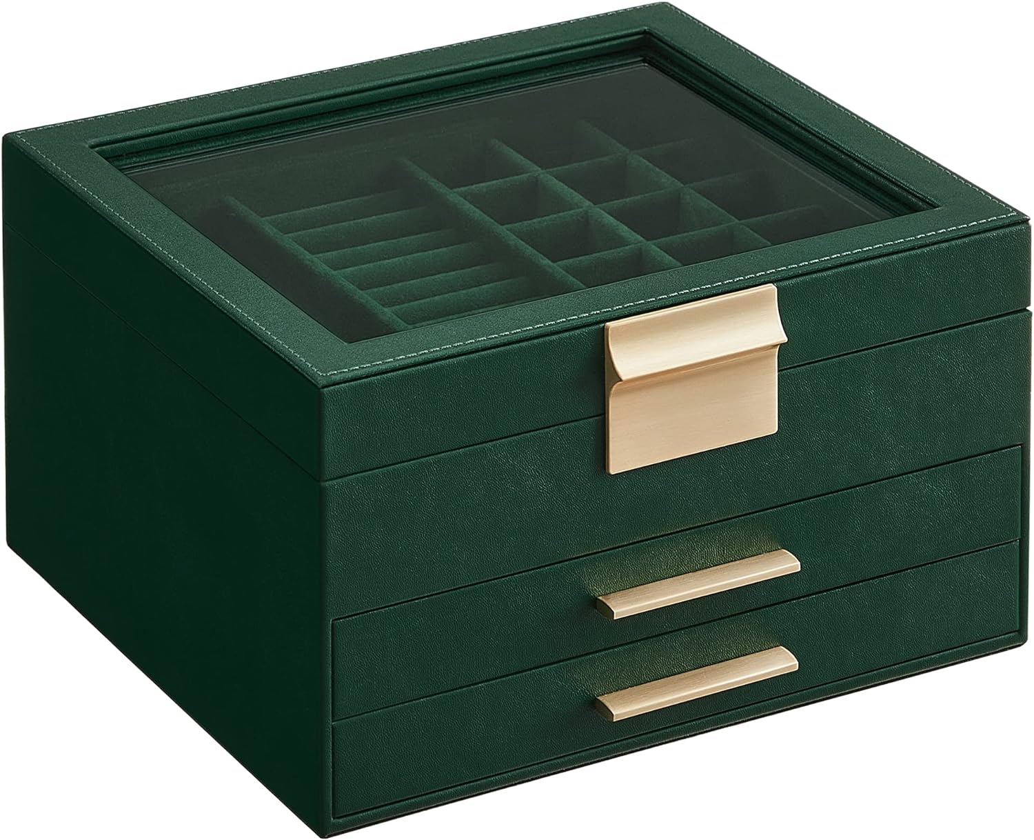 SONGMICS Jewelry Box with Glass Lid, 3-Layer Jewelry Organizer, 2 Drawers, for Big and Small Jewelry, Jewelry Storage, Modern Style, 8 x 9.1 x 5.3 Inches, Forest Green and Gold Color UJBC239C01