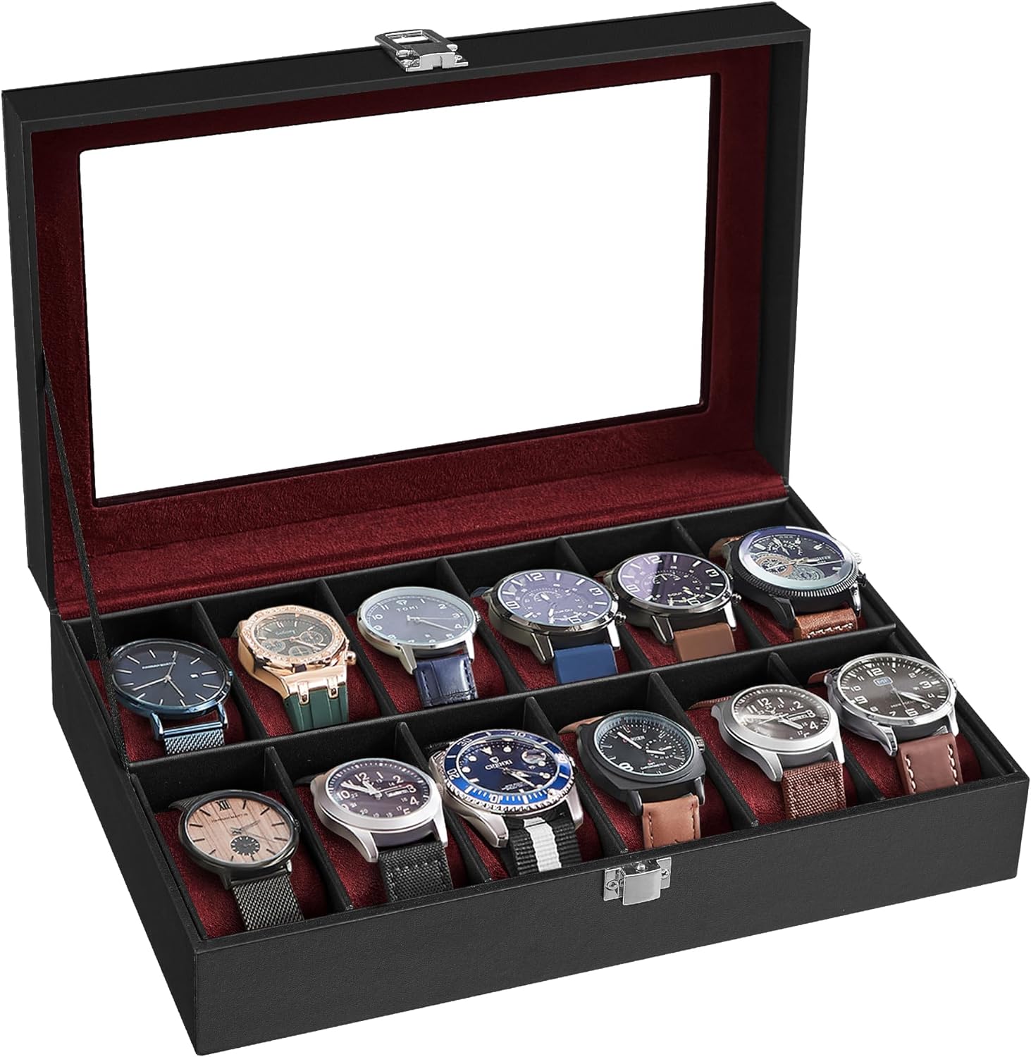 SONGMICS Watch Box, 12-Slot Watch Case with Large Glass Lid, Removable Watch Pillows, Watch Box Organizer, Gift for Loved Ones, Black Synthetic Leather, Wine Red Lining UJWB120R01