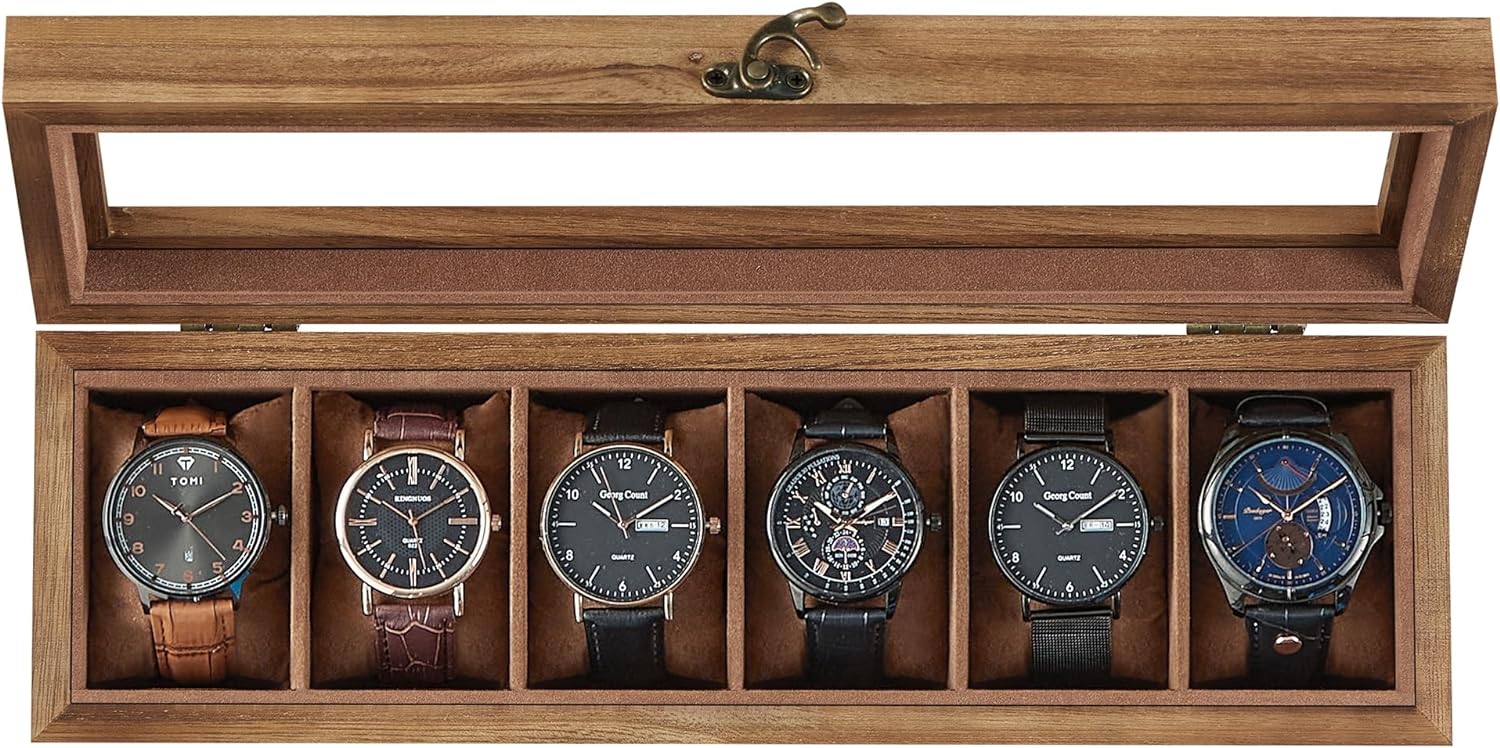 SONGMICS Watch Box, 6-Slot Watch Case, Solid Wood Watch Box Organizer with Glass Lid, Watch Display Case with Removable Pillows, Gift for Loved Ones, Rustic Walnut UJOW006K01