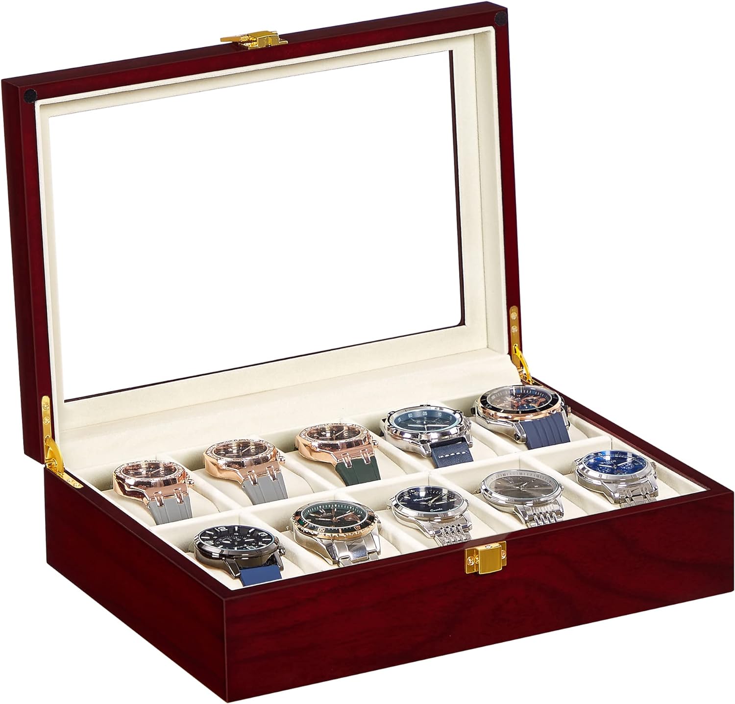 SONGMICS Watch Box, 10-Slot Watch Case with Large Glass Lid, Removable Watch Pillows, Velvet Lining, Watch Box Organizer, Gift for Loved Ones, Cherry Color UJOW10C