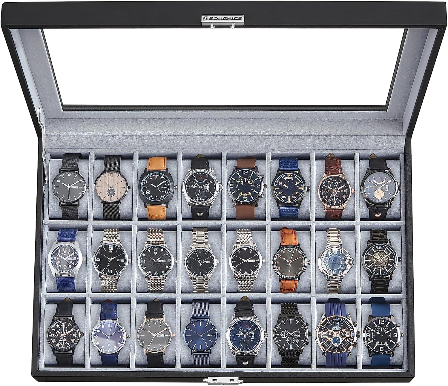 SONGMICS Watch Box, 24-Slot Watch Case, Lockable Watch Storage Box with Glass Lid, Gift Idea, Black Synthetic Leather, Gray Lining UJWB024, 11.6 x 16.9 x 3.1