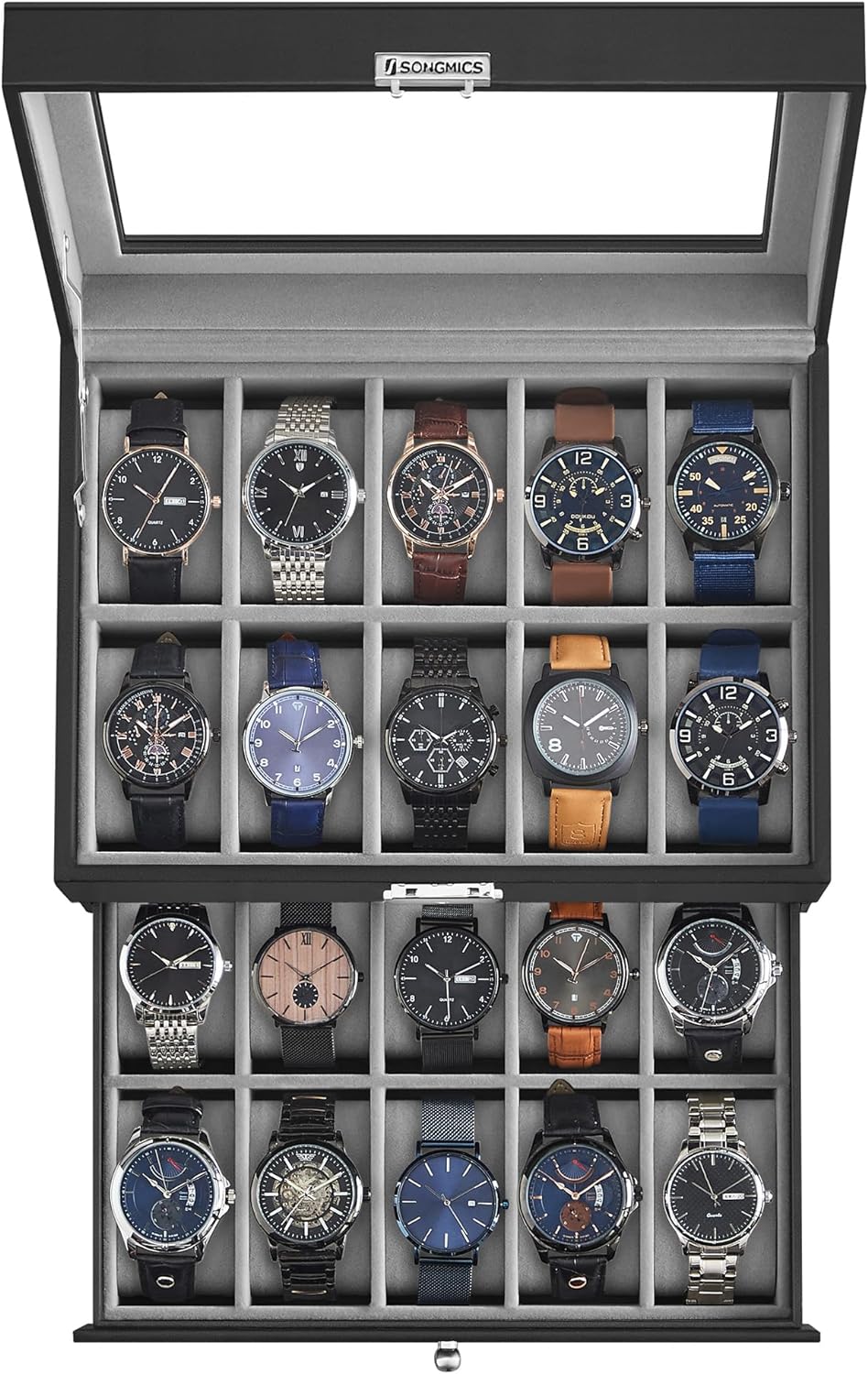 SONGMICS 20-Slot Watch Box, Watch Case with Glass Lid, 2 Layers, Lockable Watch Display Case, Black Synthetic Leather, Gray Lining UJWB006