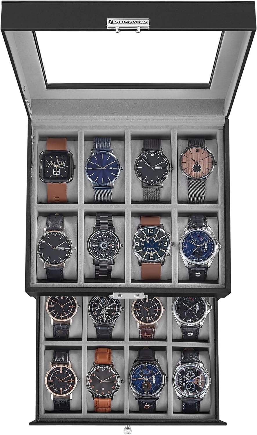 SONGMICS 16-Slot Watch Box, Watch Case with Glass Lid, 2 Layers, Lockable Watch Display Case, Black Synthetic Leather, Greenish Gray Lining UJWB016G01