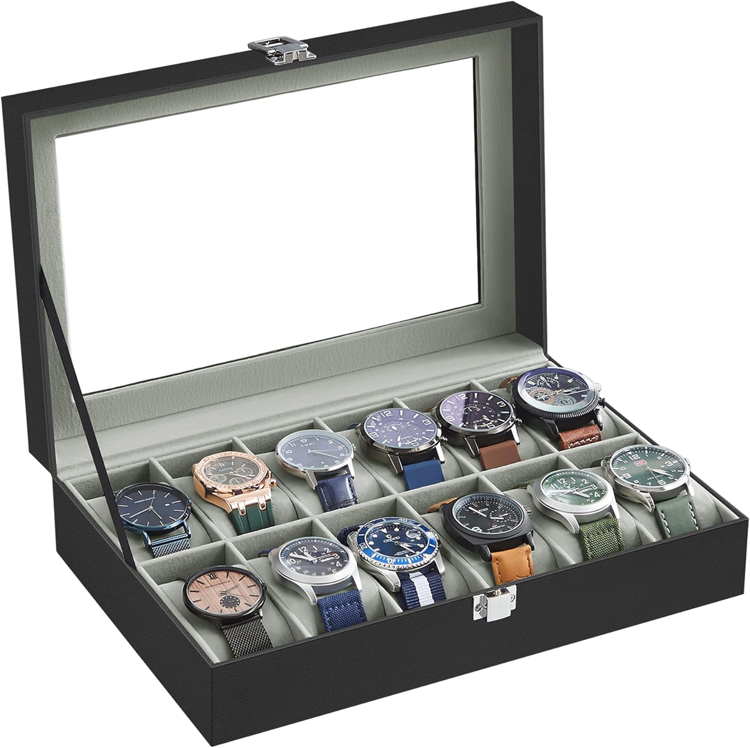 SONGMICS Watch Box, 12-Slot Watch Case with Large Glass Lid, Removable Watch Pillows, Watch Box Organizer, Gift for Loved Ones, Black Synthetic Leather, Gray Lining UJWB12BK