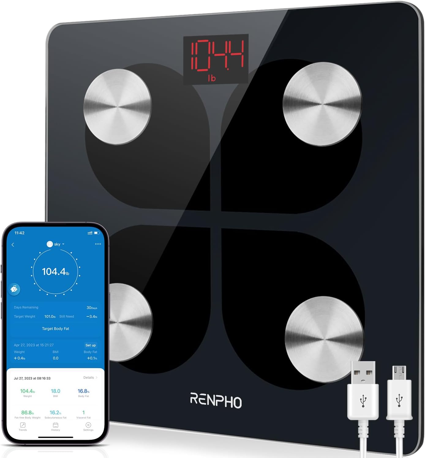 RENPHO Rechargeable Smart Scale, Digital Weight and Body Fat USB Weight BMI Scale, Elis 1 Body Composition Monitor with Smartphone App sync with Bluetooth, 396 lbs