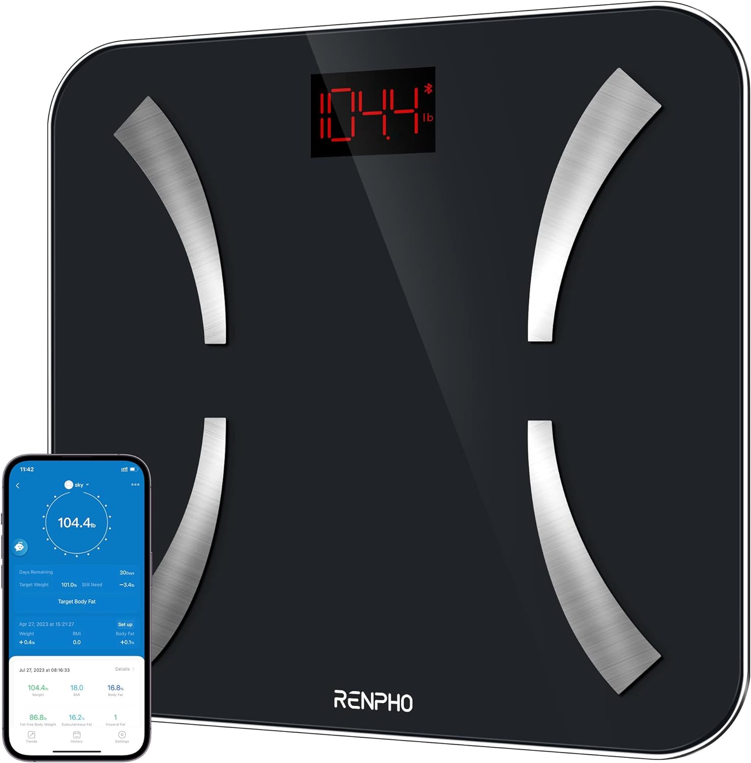 Elis 1 RENPHO Smart Body Fat Scale, Digital Bathroom Weight Scale for Body Weight, Bluetooth Wireless Body Composition BMI Monitor with Smartphone APP, 11x11 Inch,400lbs