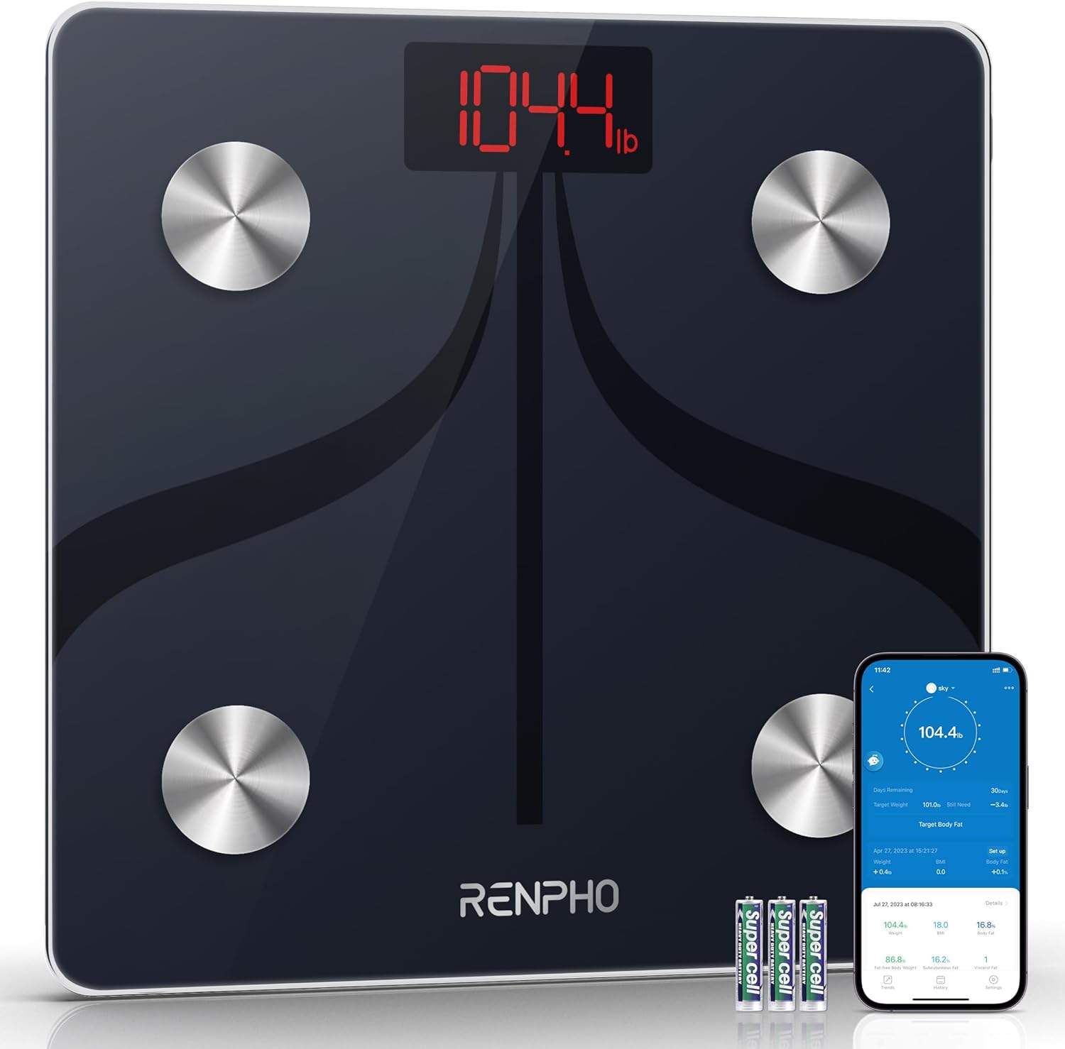 RENPHO Larger Size Body Fat Scale, Scale for Body Weight, Weight Scale with Health Monitor Sync App, Digital Scale with Bluetooth, Elis 1 Smart Bathroom Scale for Weight Loss, BMI (11.8 inches)