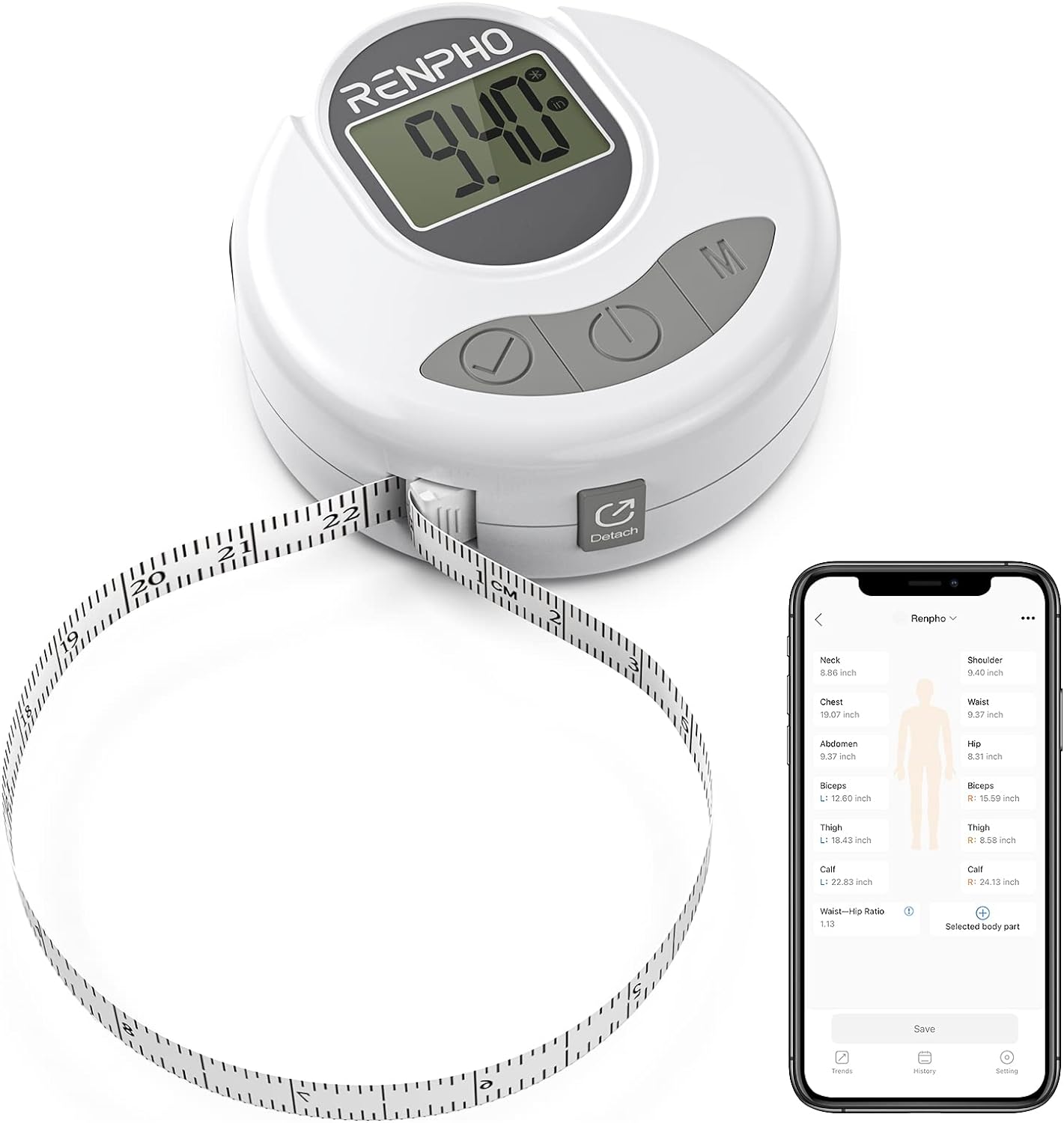 Tape Measure for Body, RENPHO Smart Bluetooth Digital Measuring Tape with Lock Hook, Retractable Function, Accurate Measurement Tape for Weight Loss, Muscle Gain, Fitness Bodybuilding, Inches & CM