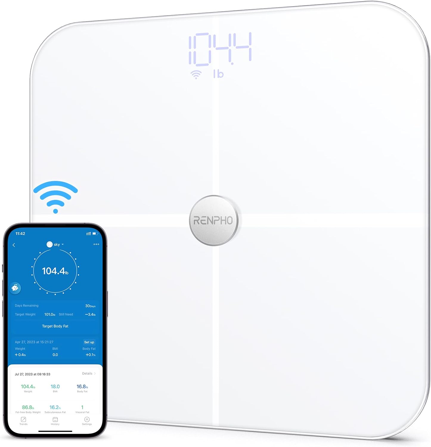 RENPHO Wi-Fi Scale for Body Weight, Bluetooth Digital Weight Scale, Smart Bathroom Scale Health Monitor, 13 Body Composition Analyzer with Smart App, White, Elis Aspire