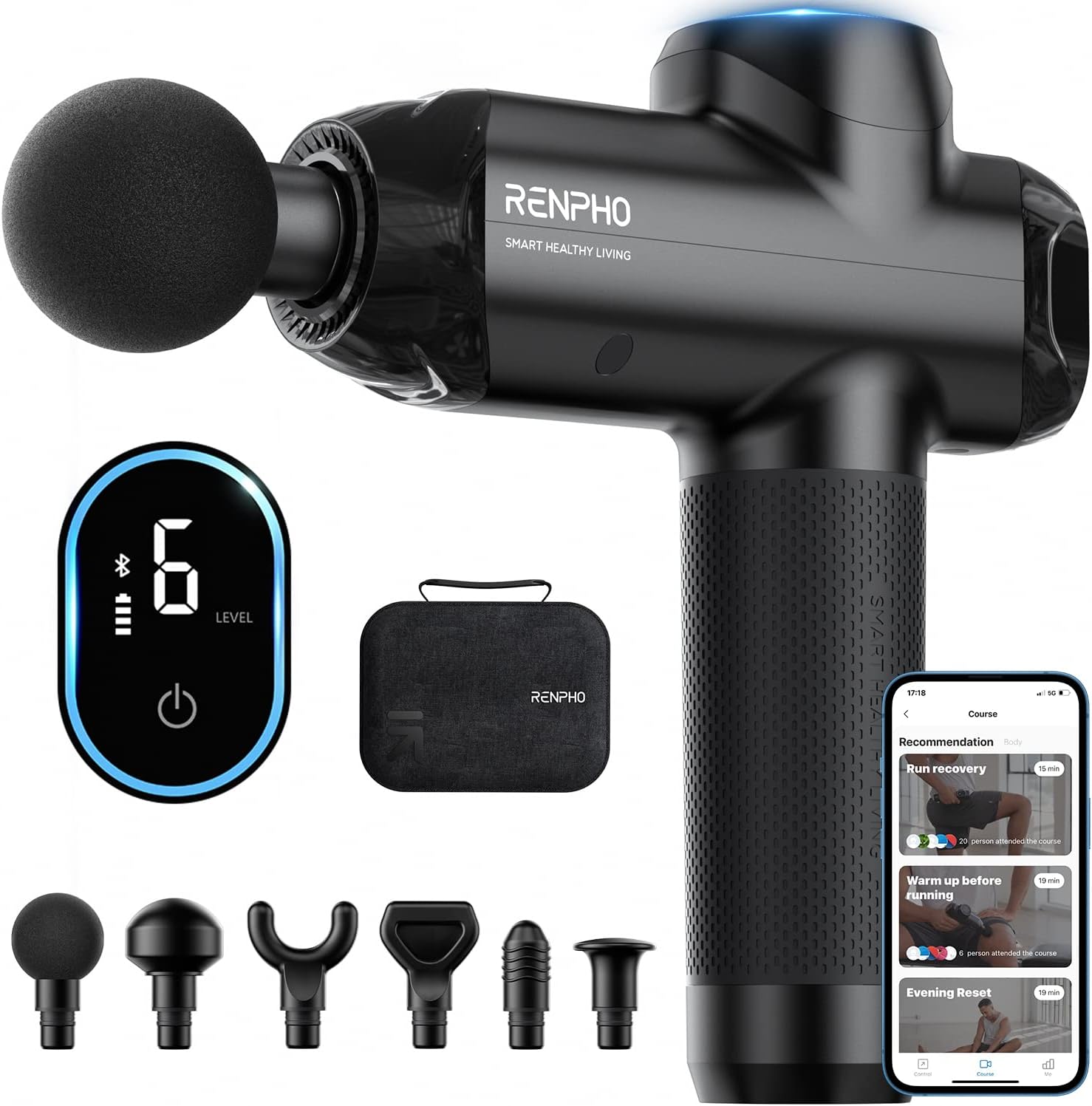 RENPHO Power Bluetooth Massage Gun Deep Tissue, Percussion Muscle Massage Gun for Athletes, Powerful Portable Electric Handheld Massager Gun, LED Touch Display, Carry Case