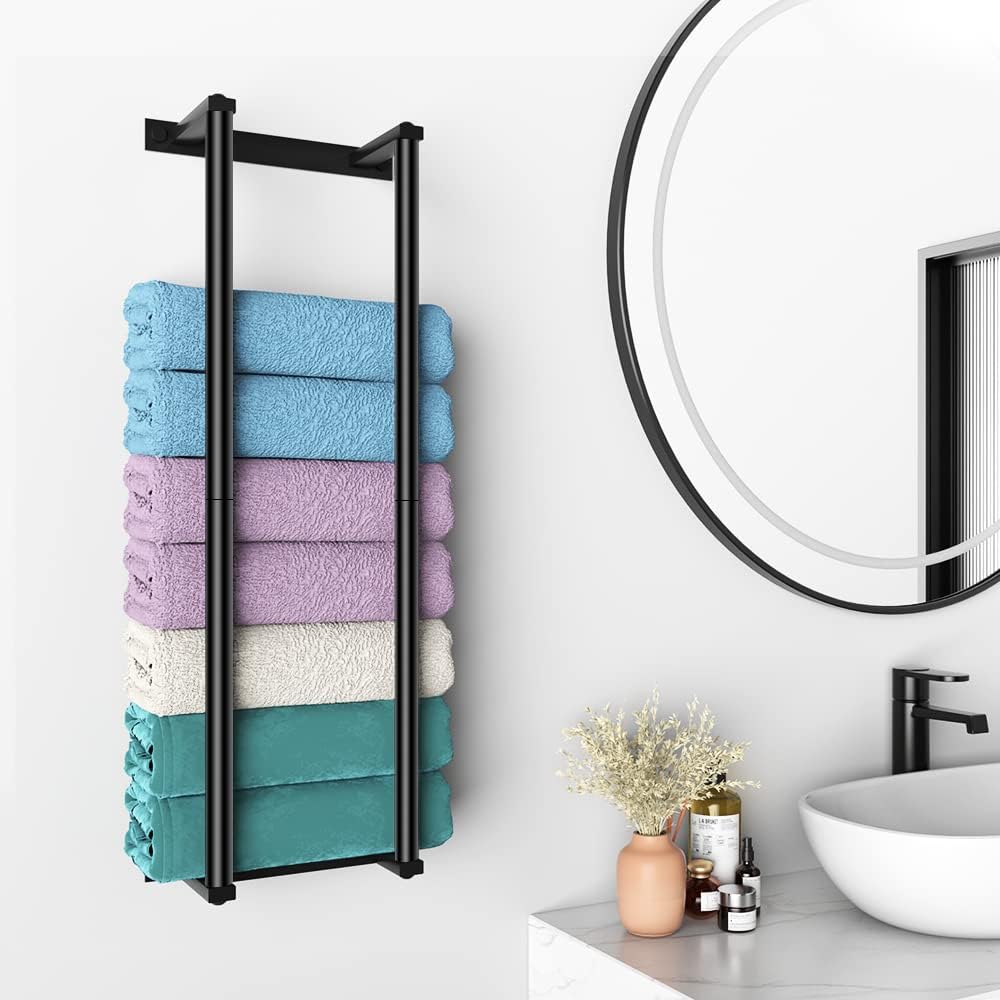 Nidouillet Wall Towel Rack for Rolled Towels, New Upgrade 2 Bar Towel Racks for Bathroom Wall Mounted, Bathroom Towel Storage, Metal Bath Towel Holder for Folded Large Towel Washcloths, Black