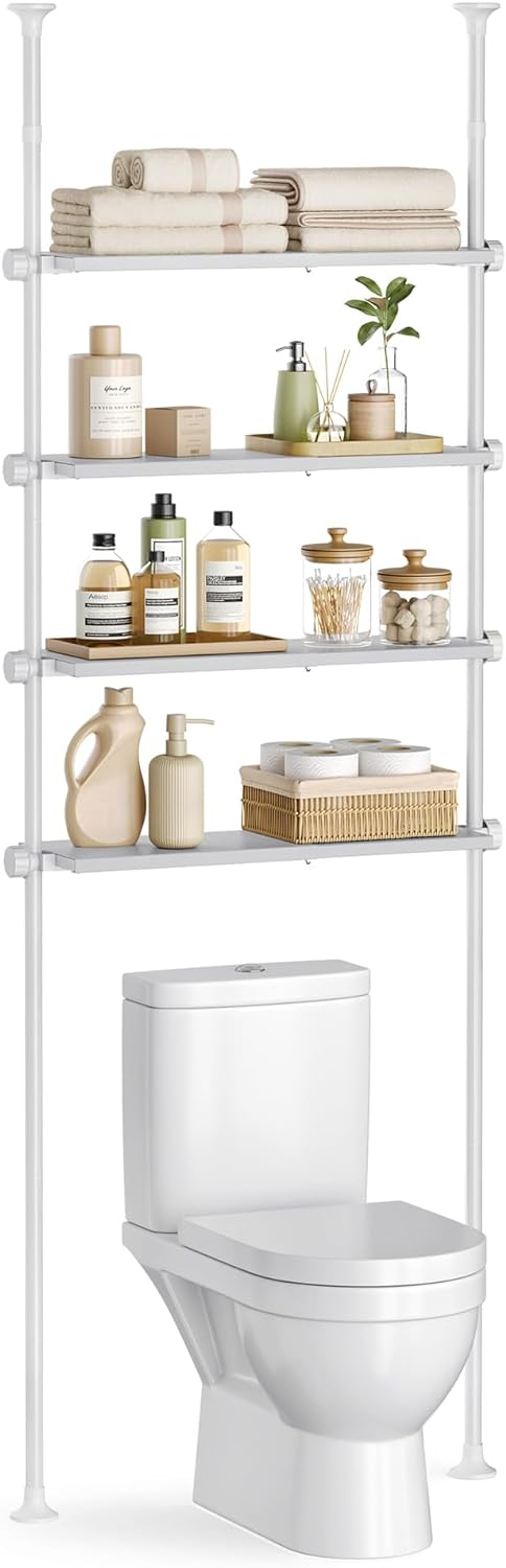 SONGMICS Bathroom Organizer 4-Tier, Over The Toilet Storage Shelf, 4 Height Adjustable and Extendable Shelves, 35.4 to 122.1 Inch Tall, for Small Spaces, Bathroom, Living Room, Pearl White UBTS021W01