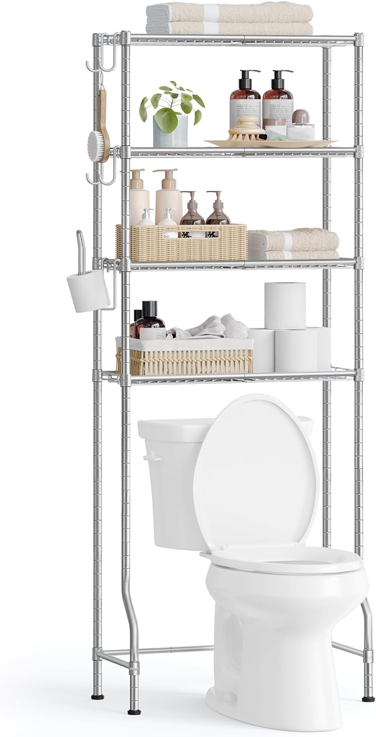 SONGMICS 4 Tier Over The Toilet Storage, Metal Storage Rack, Adjustable Shelves, 4 Hooks, Roll Holder, Space-Saving Bathroom Storage Shelf Organizer, 11.8 x 24.8 x 69.3 Inches, Silver Gray UBTS013G01