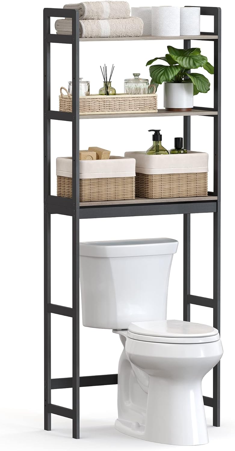 SONGMICS Over The Toilet Storage, 3-Tier Bathroom Organizer Over Toilet with Adjustable Shelves, Multifunctional Bathroom Shelf, Greige and Black UBTS012W01