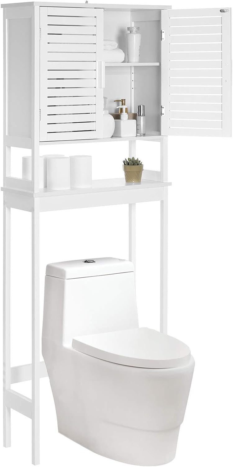 SONGMICS Over The Toilet Storage Cabinet, Bathroom Cabinet with Adjustable Inside Shelf and Bottom Stabilizer Bar, Space-Saving Toilet Rack, Cloud White UBTS010W01