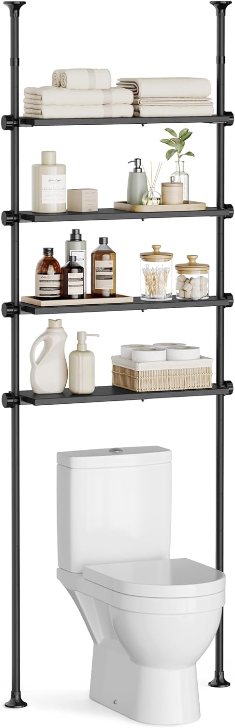 SONGMICS Bathroom Organizer 4-Tier, Over The Toilet Storage Shelf, 4 Height Adjustable and Extendable Shelves, 35.4 to 122.1 Inch Tall, for Small Spaces, Bathroom, Living Room, Ink Black UBTS021B01