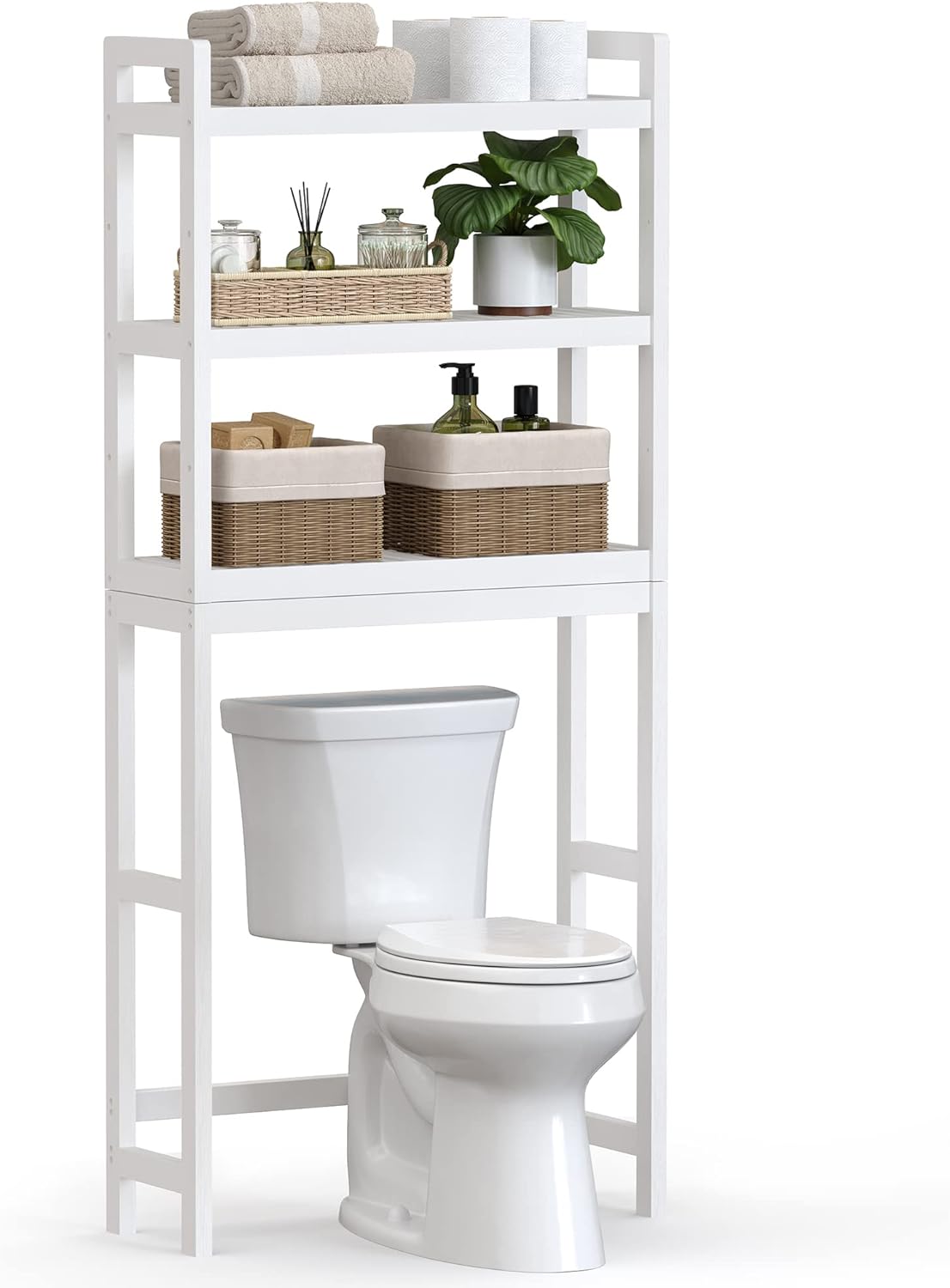 SONGMICS Over The Toilet Storage, 3-Tier Bamboo Over Toilet Bathroom Organizer with Adjustable Shelf, Fit Most Toilets, Space-Saving, Easy Assembly, White UBTS01WT