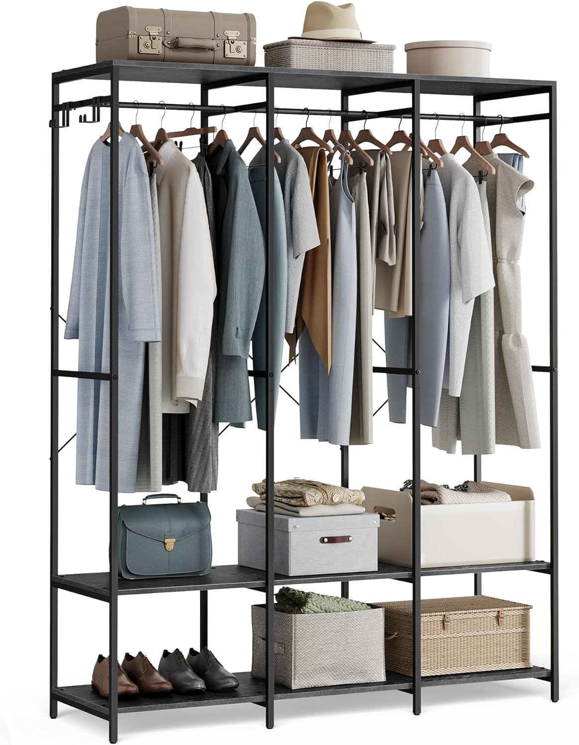 SONGMICS Wardrobe, Iron and Wood Portable Closet, Heavy Duty Clothes Rack, Bedroom Armoires Storage with 3 Hanging Rods, 9 Closet Shelves, 4 Hooks, 15.7 x 55.5 x 70.9 Inches, Ebony Black URGR005B56