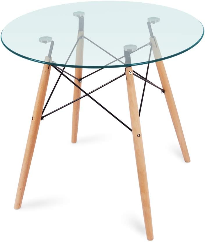 Nidouillet Round Glass Dining Table, Coffee Desk with 4 Beech Wood Legs for Kitchen Living Room AB053