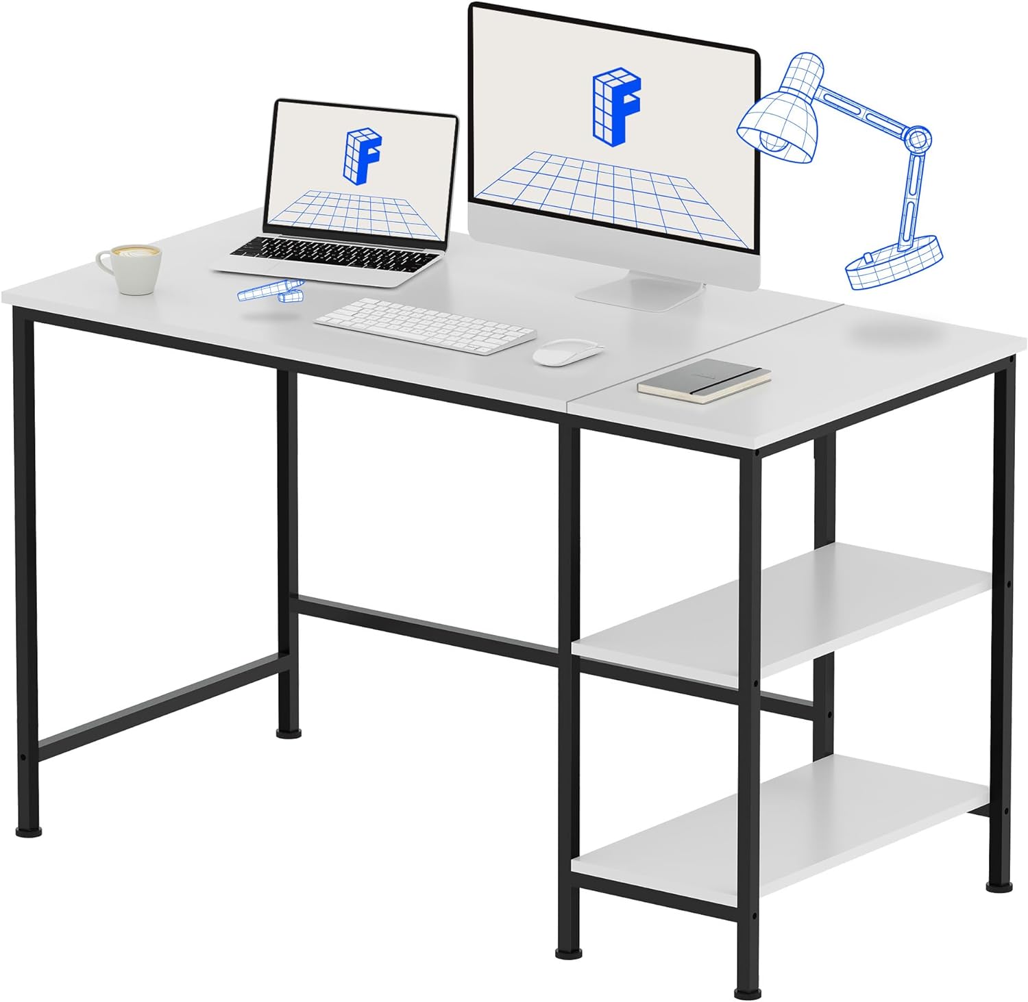 FLEXISPOT 48 inch Computer Desk with Reversible Storage Shelves Home Office Desk Workstation Wood Table Metal Frame Study Writing Table, White