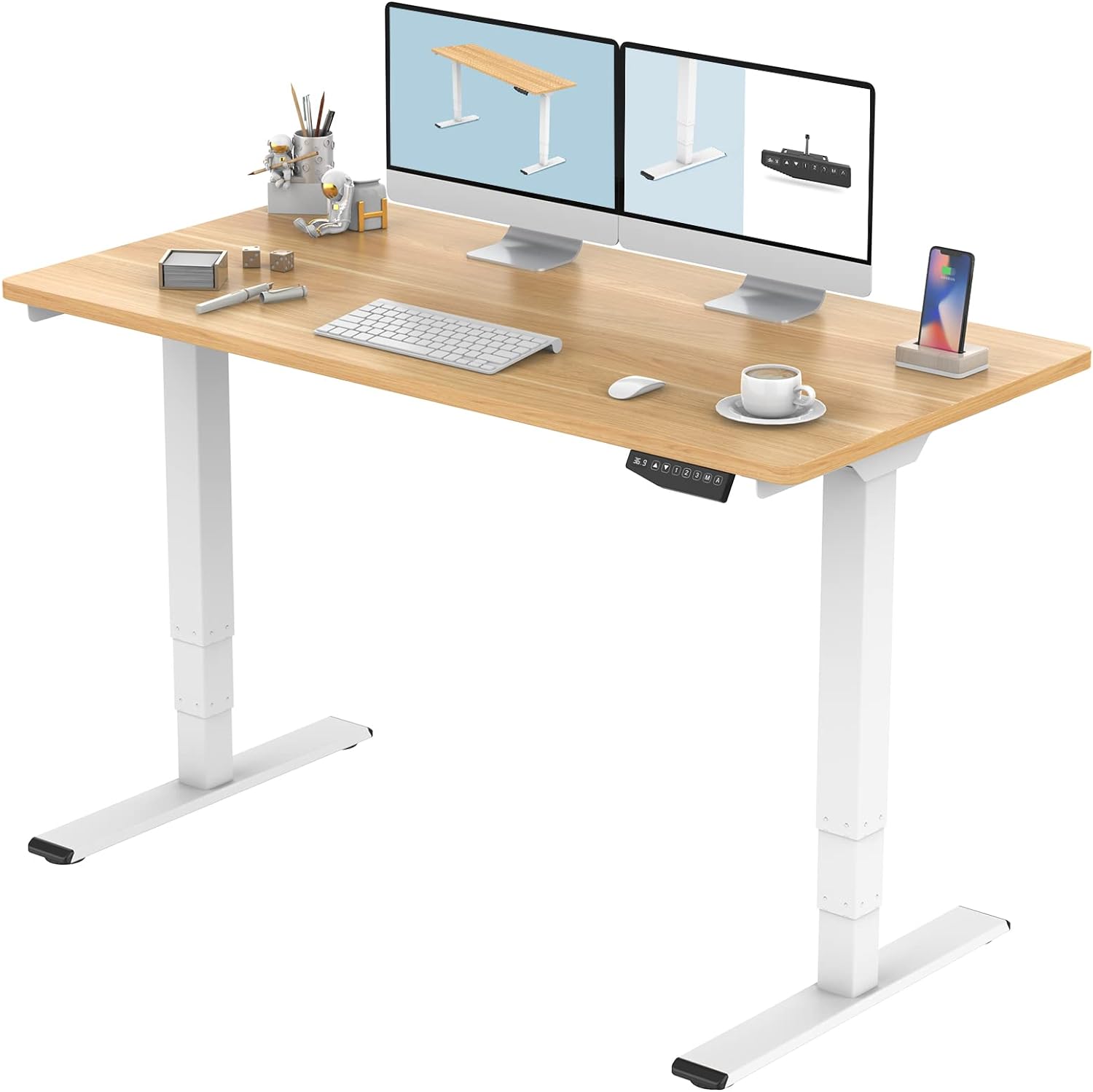 FLEXISPOT Pro 3 Stages Dual Motor Electric Standing Desk 55x28 Inches Whole-Piece Desk Board Height Adjustable Desk Electric Stand Up Desk Sit Stand Desk(White Frame   Natural Desktop)