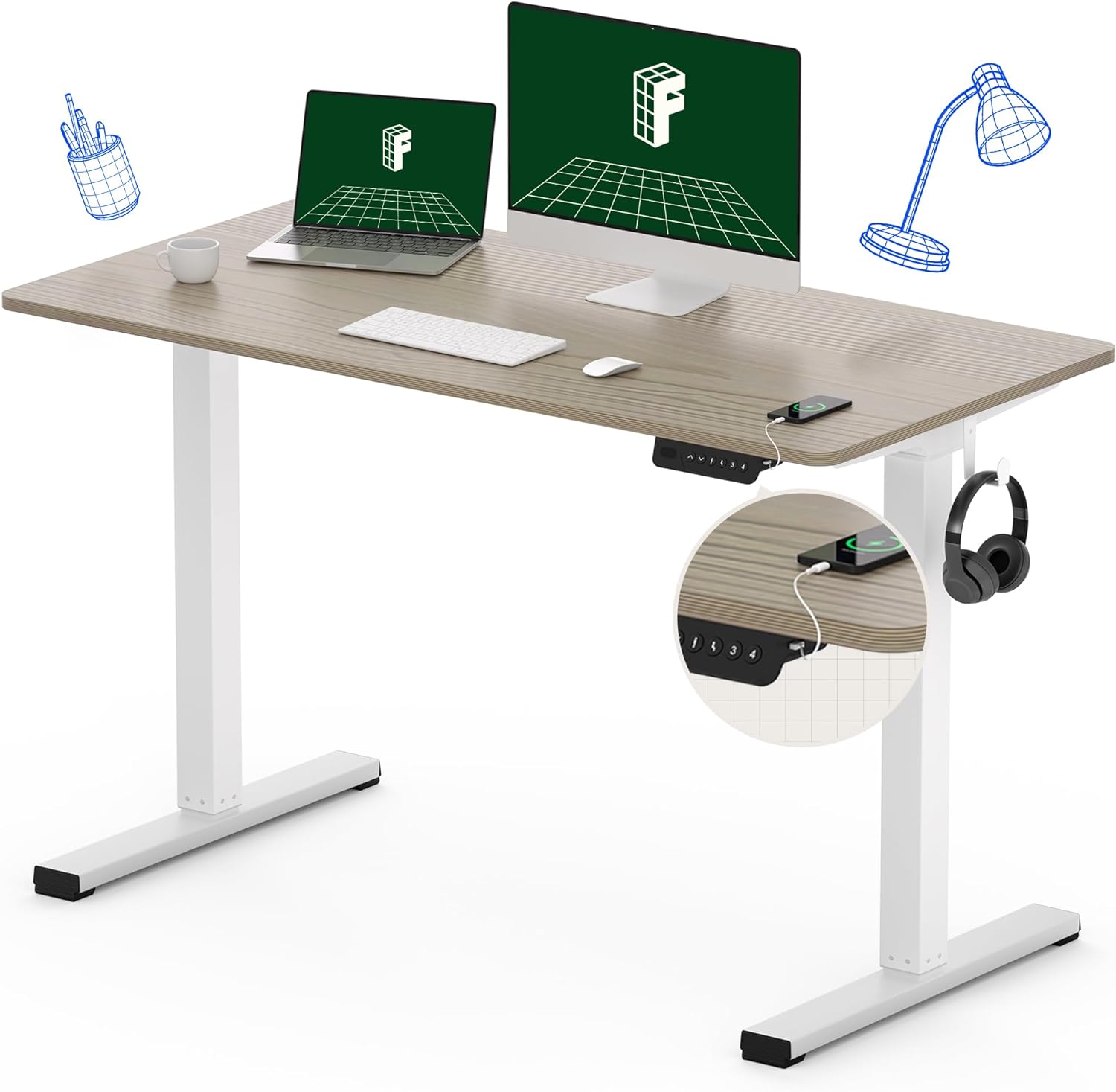 FLEXISPOT Standing Desk Quick Assembly Electric Adjustable with 48 x 24 Inches Whole-Piece Desktop Ergonomic Memory Controller Stand Up Desk(White Frame + 48 Grey Wood Grain)