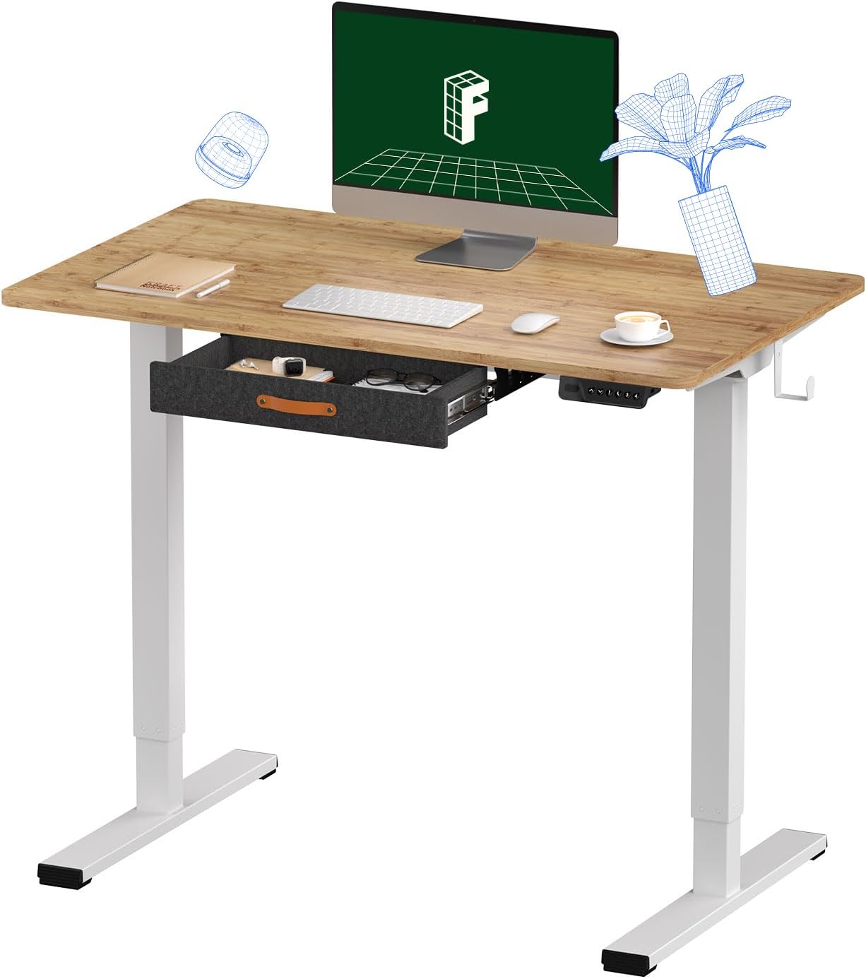 FLEXISPOT Standing Desk with Drawer Electric Sit Stand Desk with 40 x 24 Inches Whole-Piece Desktop Ergonomic Memory Controller Adjustable Height Desk(White Frame + 40 Bamboo Texture Desktop)