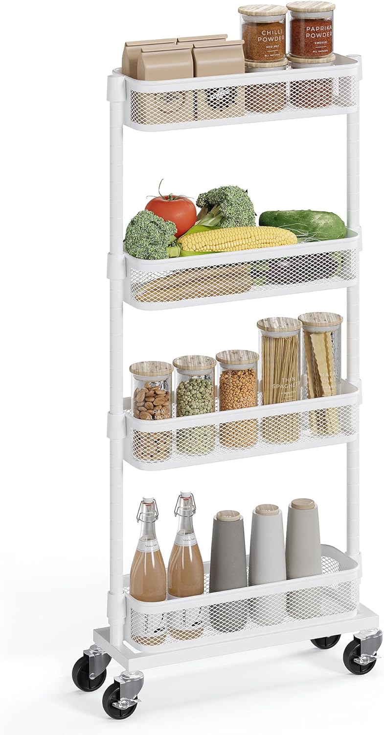 SONGMICS Slim Storage Cart, 4-Tier Metal Rolling Cart with Wheels, Flexible Baskets, Narrow Cart for Kitchen, Bathroom, Laundry Room, Easy Assembly, White UBSC065W01