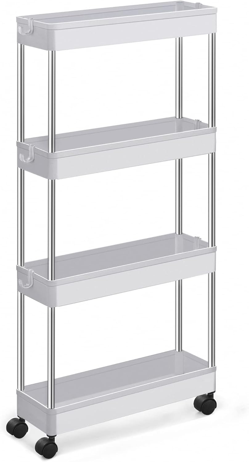 SONGMICS Rolling Cart, 4-Tier Slim Storage Cart, Bathroom Kitchen Shelf with Wheels, Small Space Organizer, Narrow for Dorm Room, 4.9 x 15.7 x 34.6 Inches, White UKSC08WT